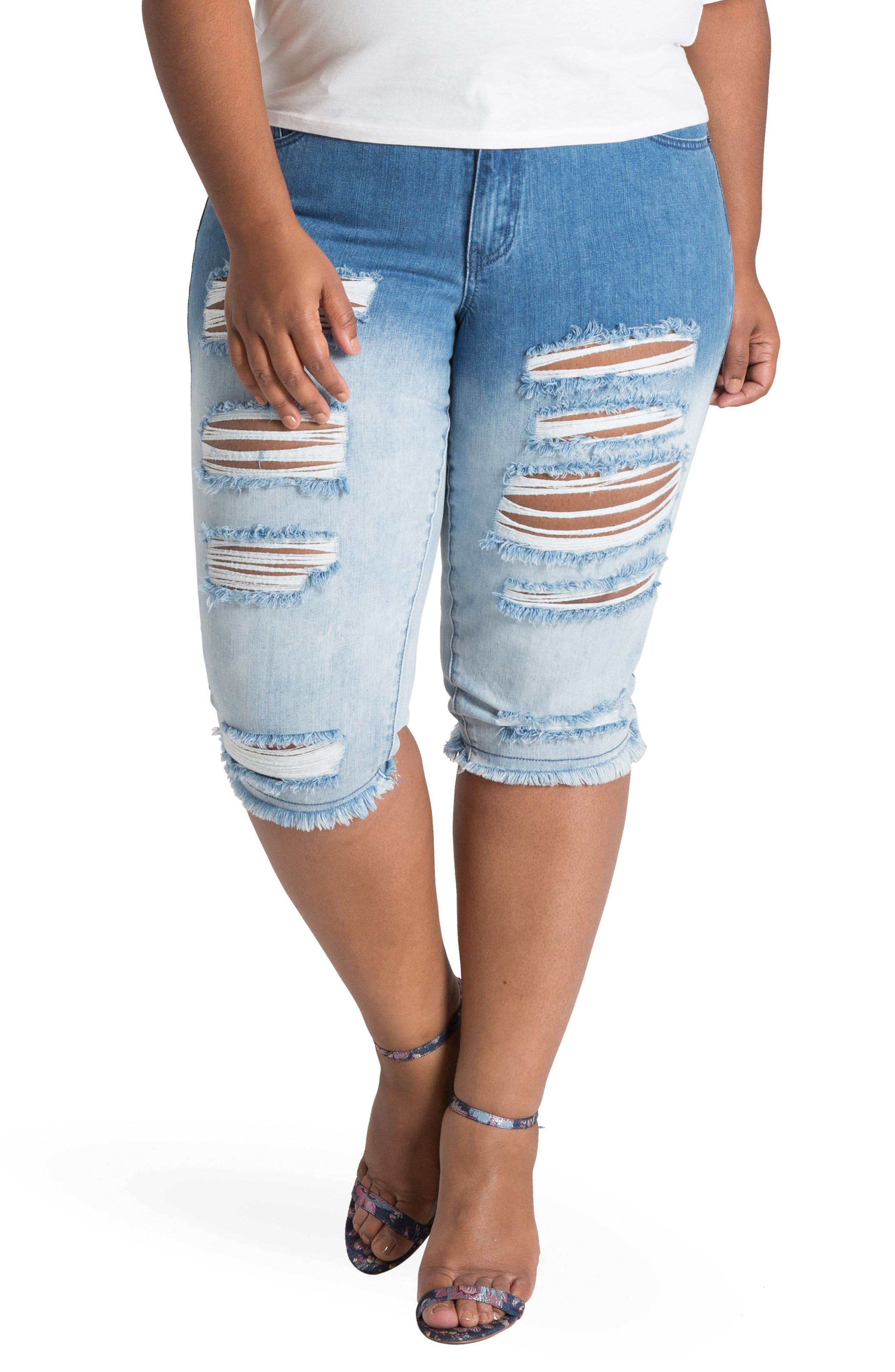 Plus Size Poetic Justice Lelahni Distressed Ombre Denim Capris, Blue