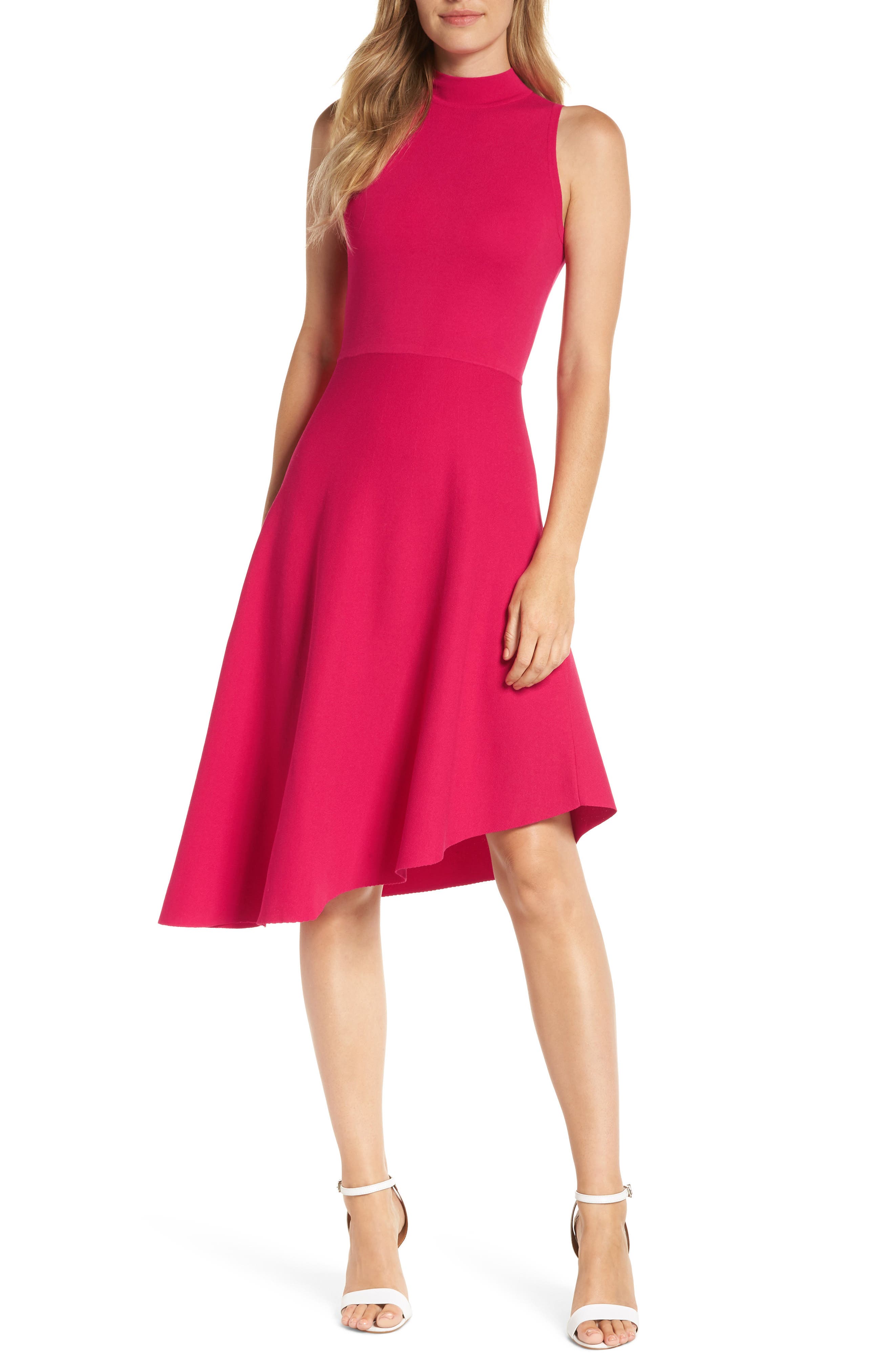 Eliza J Asymmetrical Fit & Flare Sweater Dress, Pink