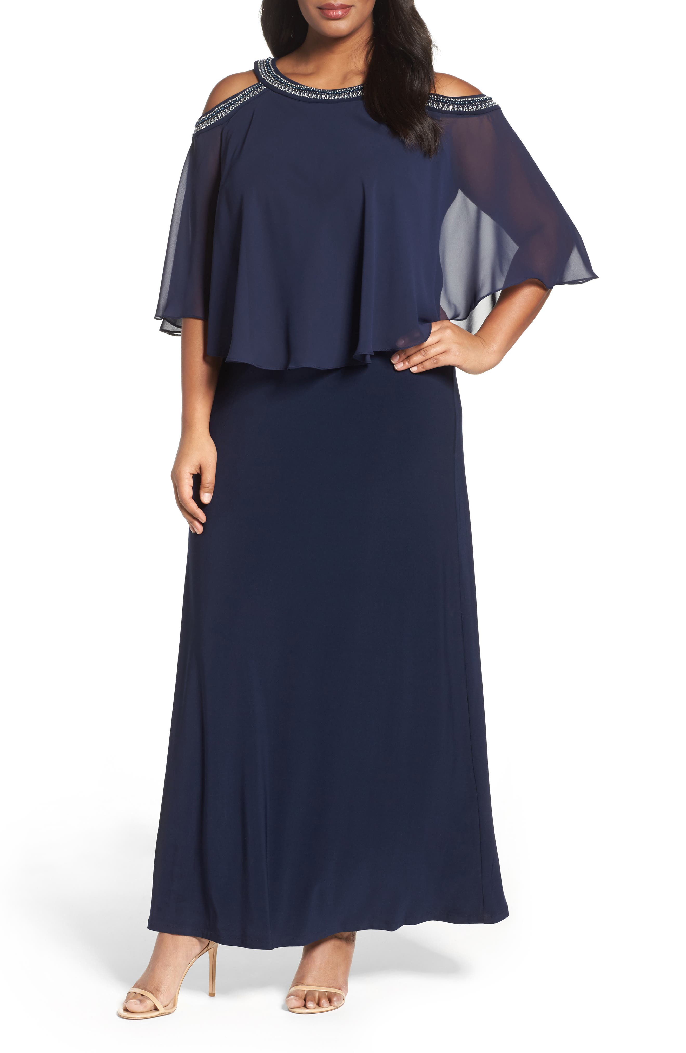 Plus Size Alex Evenings Embellished Cold Shoulder Popover Gown