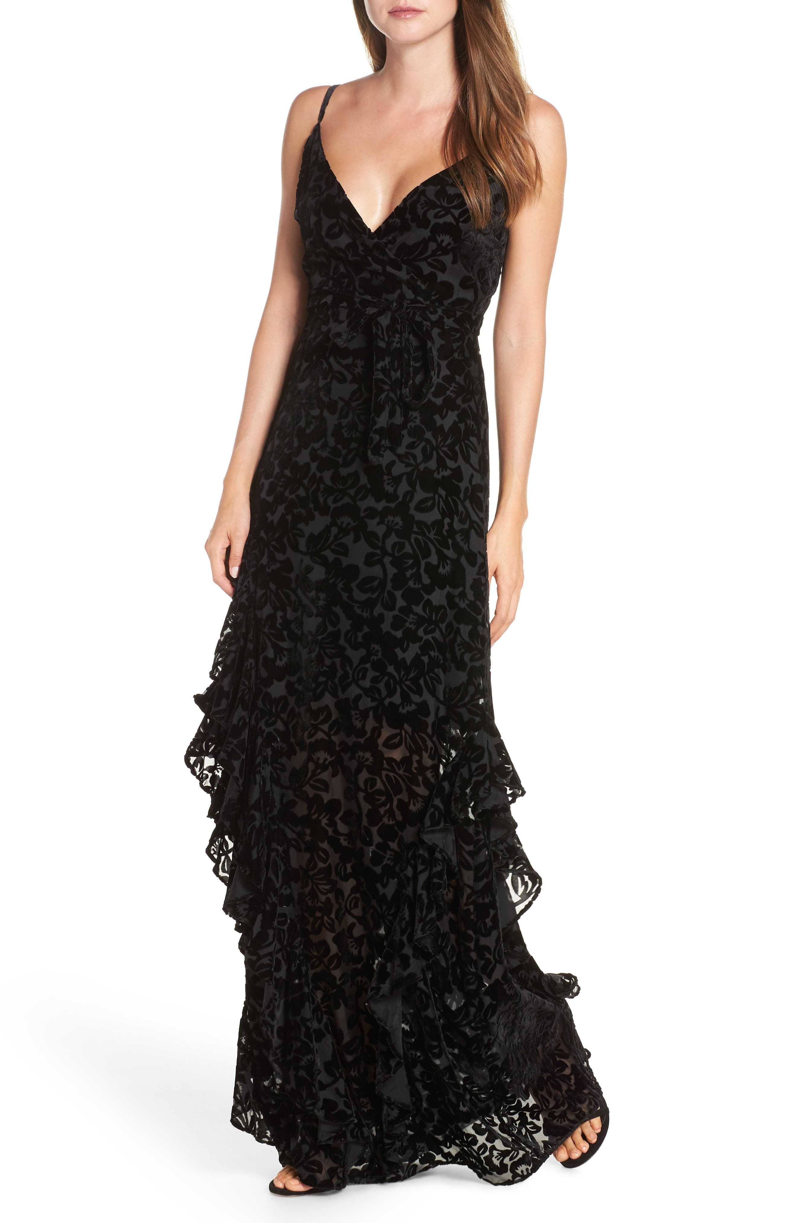 Ml Monique Lhuillier Velvet Burnout Tiered Gown, Black
