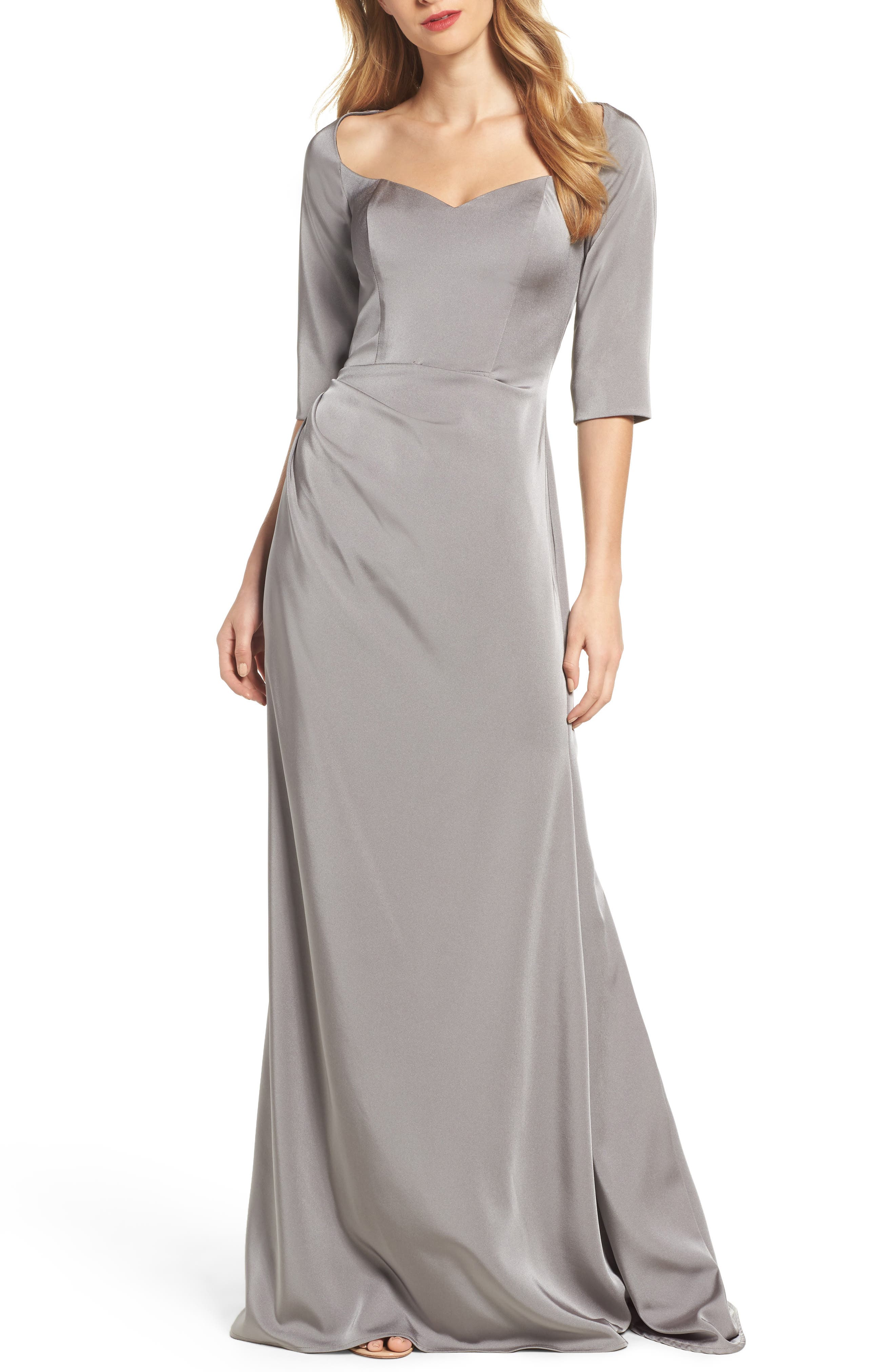 La Femme Sweetheart Satin Gown, Grey