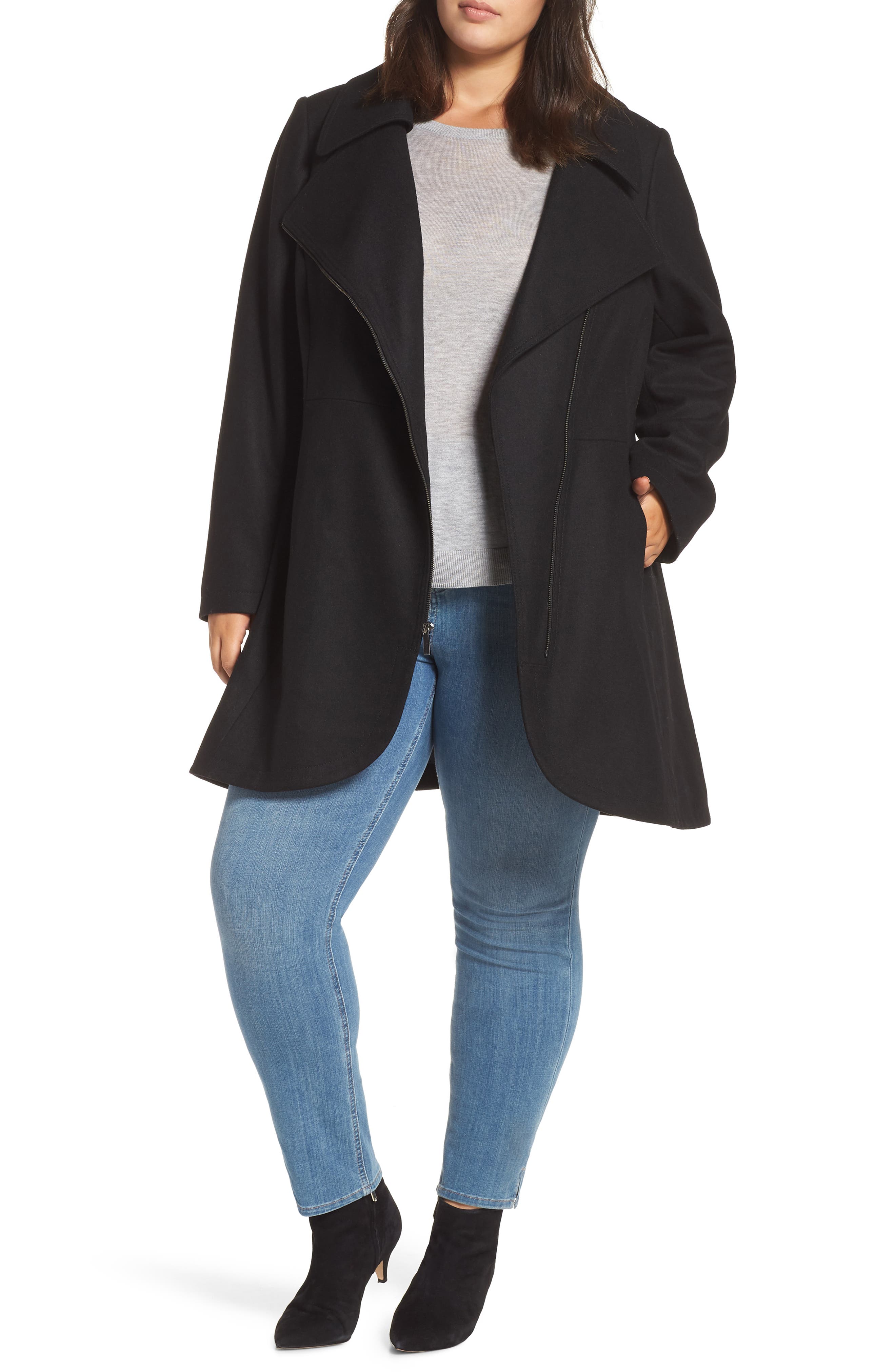 Plus Size Halogen Asymmetrical Zip Wool Blend Coat