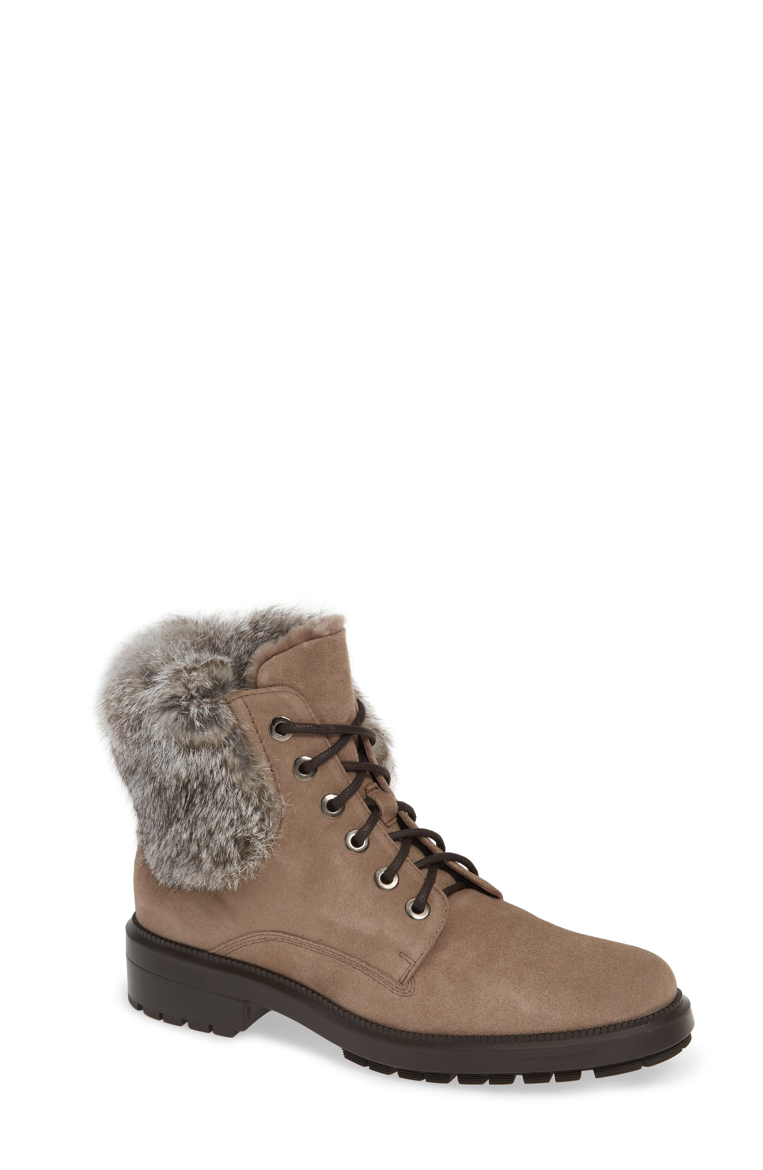 Aquatalia Lacy Genuine Shearling Lined Boot With Genuine Rabbit Fur Trim, Beige
