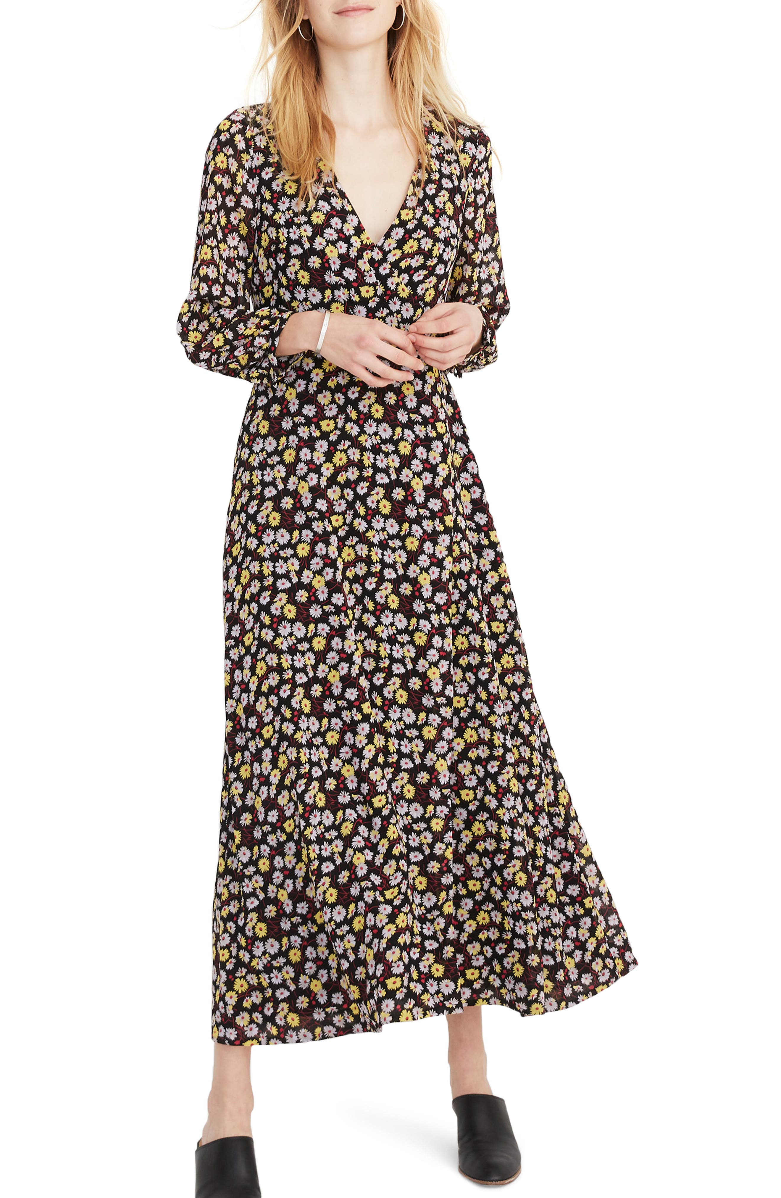 Madewell Long Sleeve Wrap Front Maxi Dress, Black