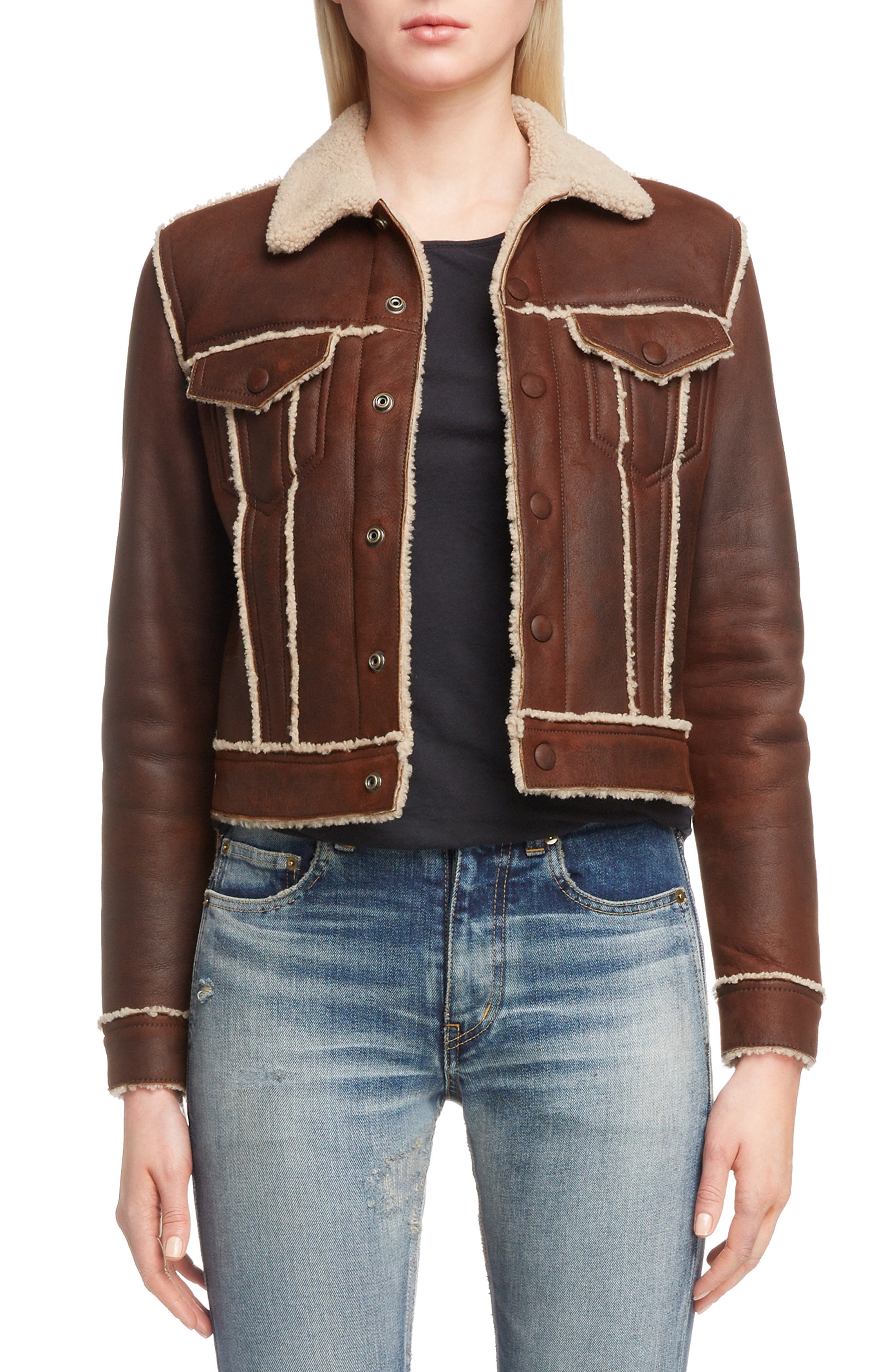 Saint Laurent Genuine Shearling Trucker Jacket, Brown