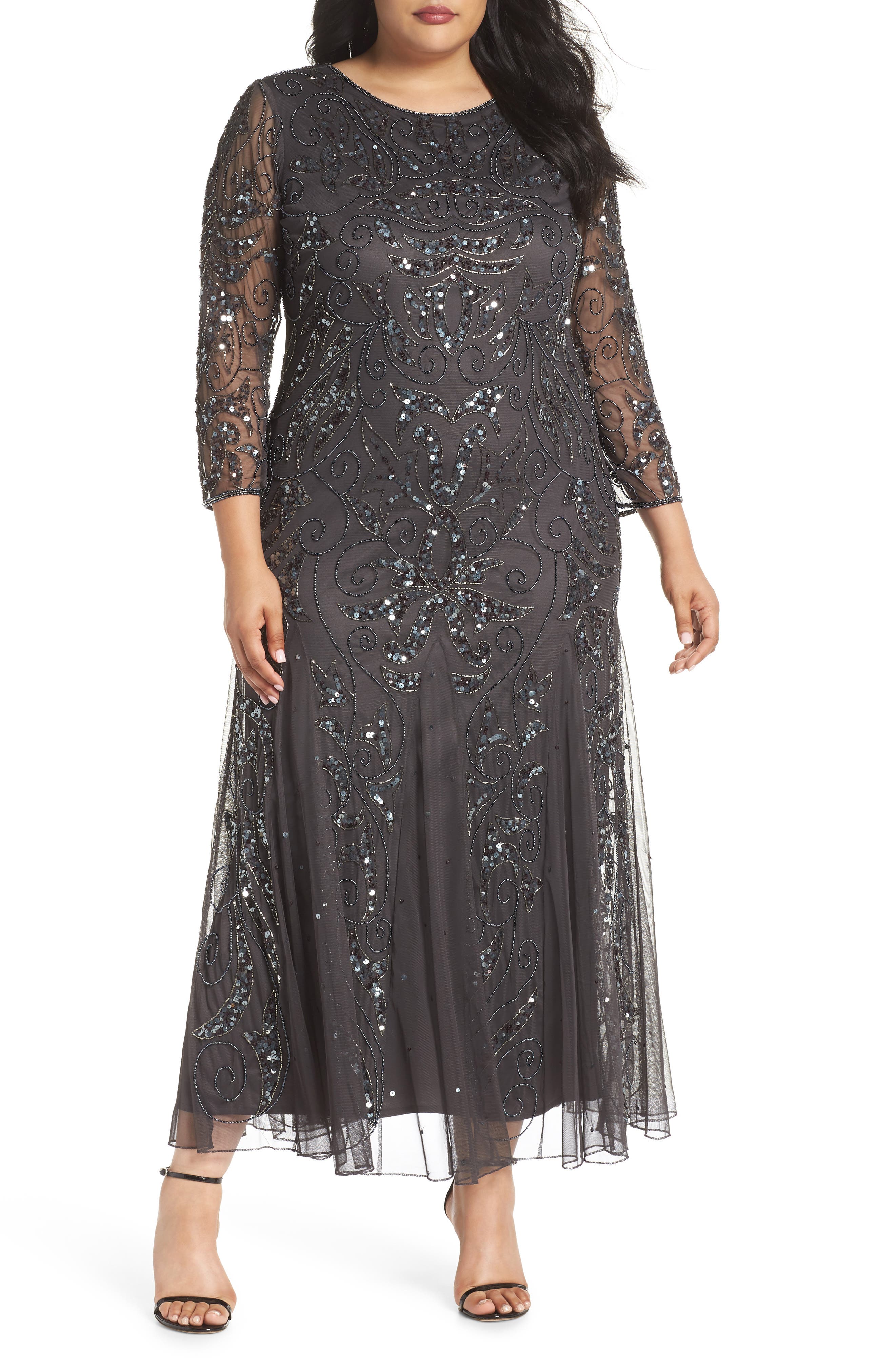 Plus Size Pisarro Nights Embellished Three Quarter Sleeve Gown, Grey