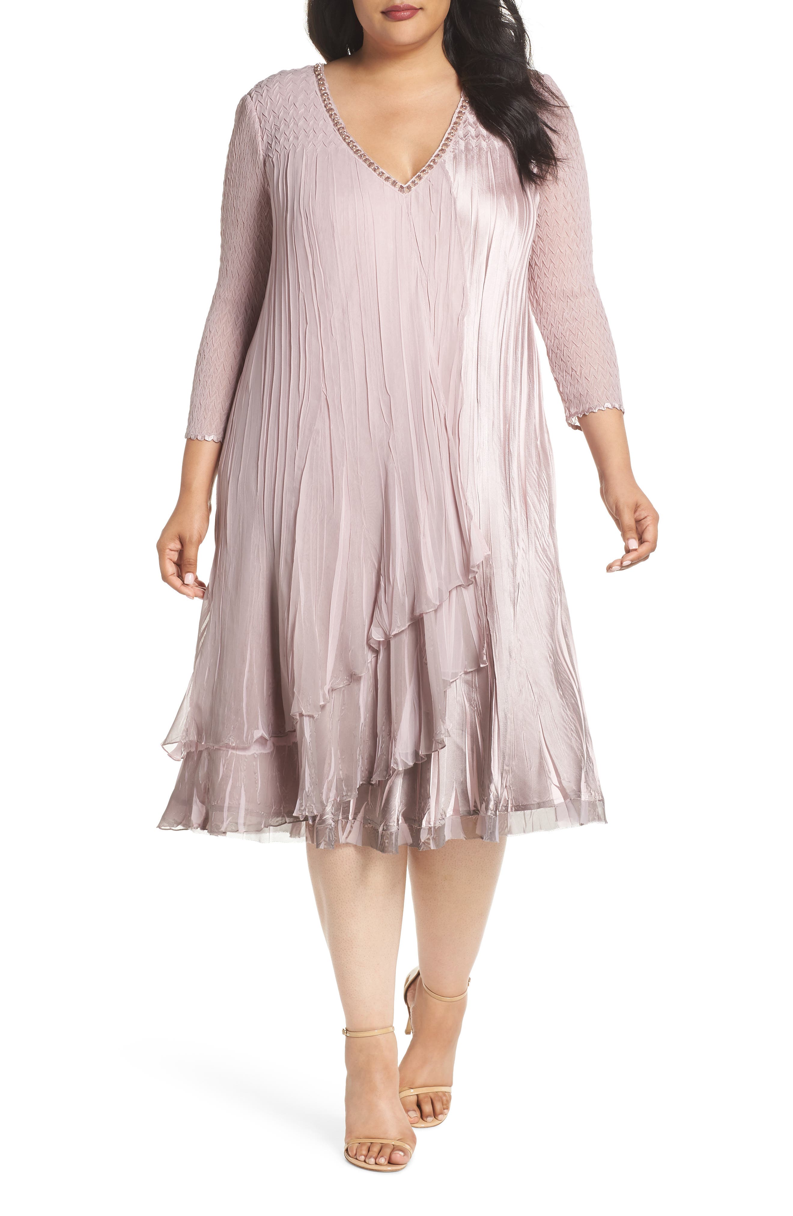 Plus Size Komarov Beaded Neck Layer Hem Chiffon A-Line Dress