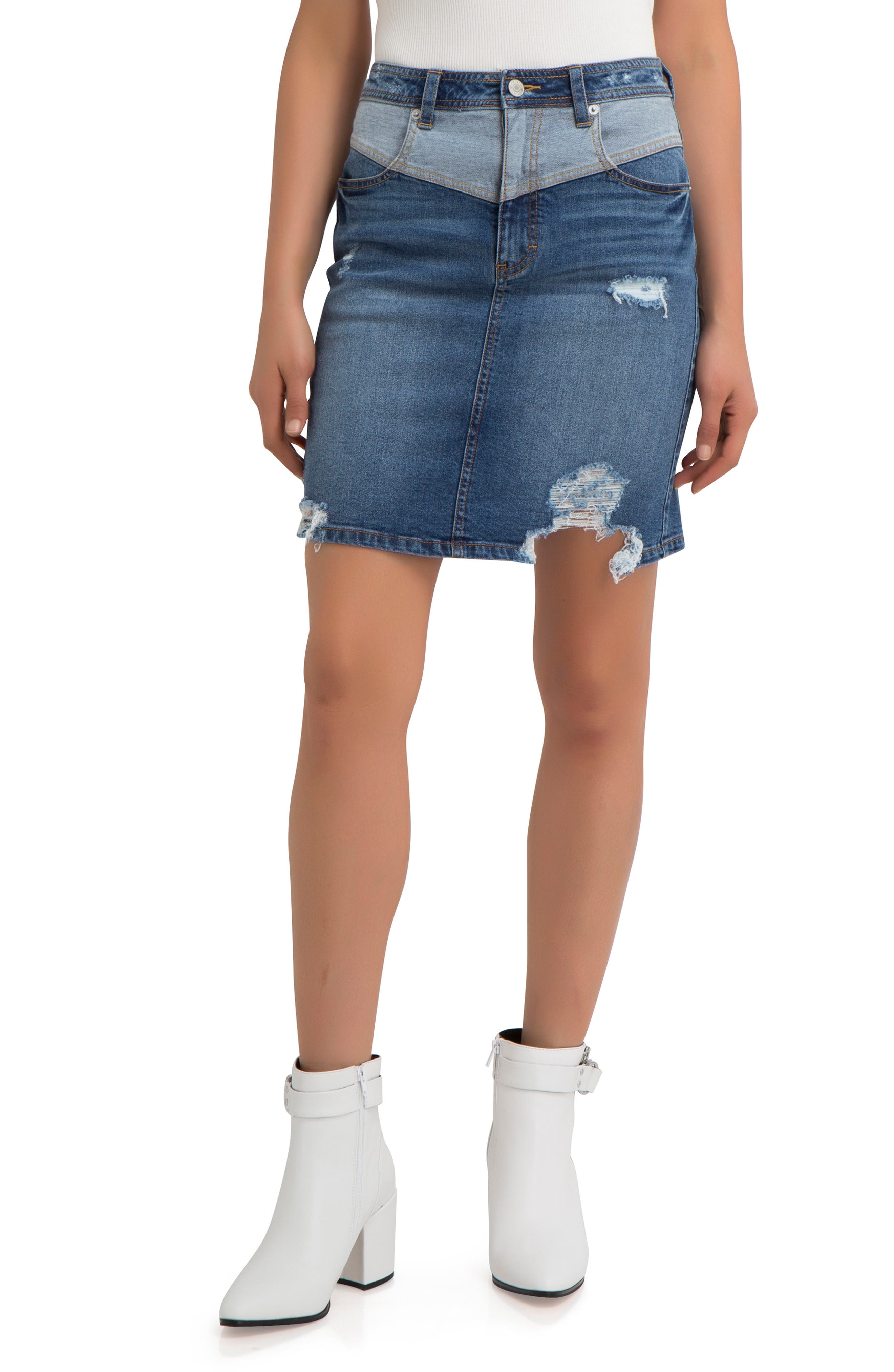 Jordache V-Front Ripped Denim Skirt, Blue
