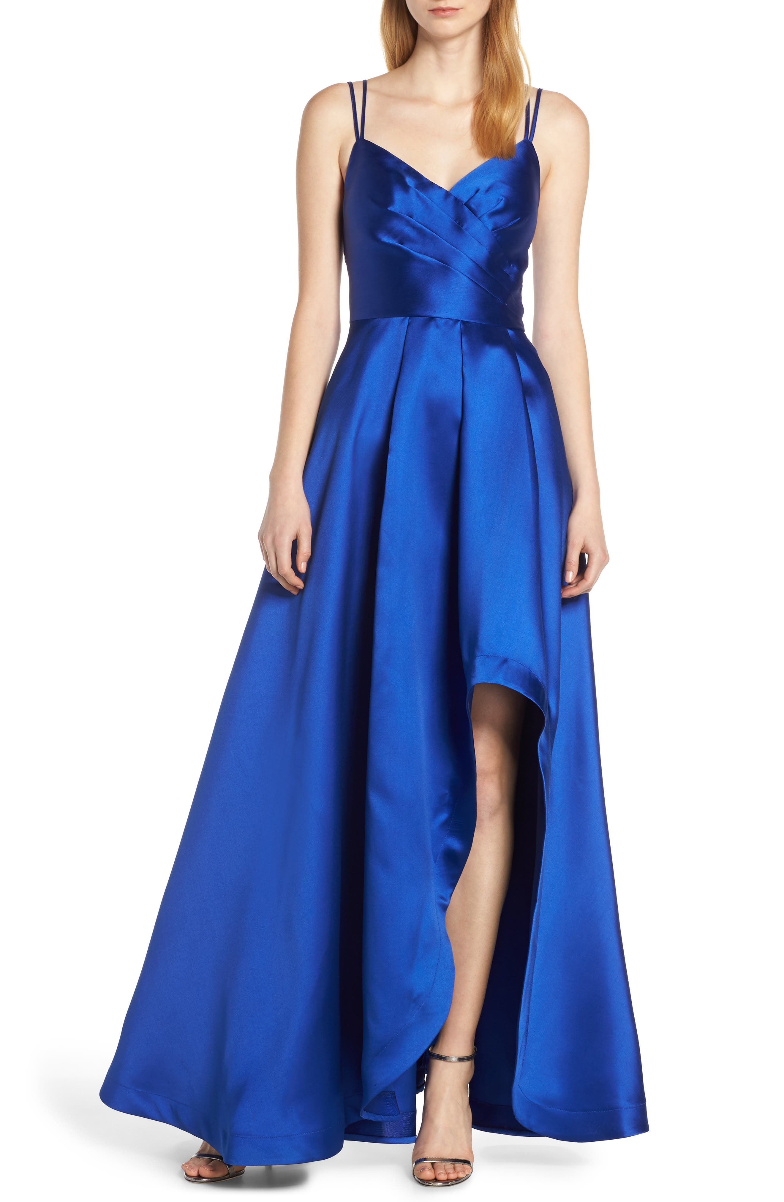 Sequin Hearts Asymmetrical High/low Satin Evening Dress, Blue