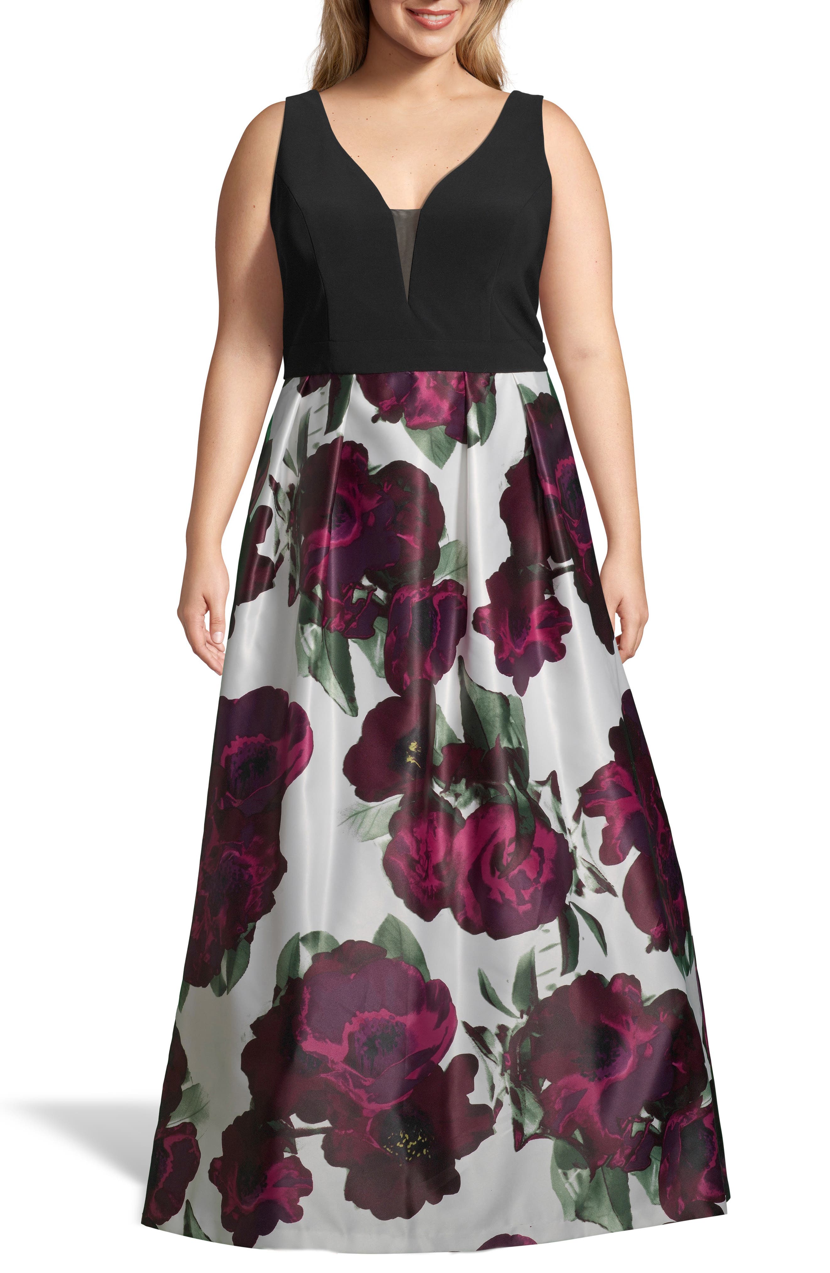 Plus Size Xscape Floral Skirt Gown, Pink