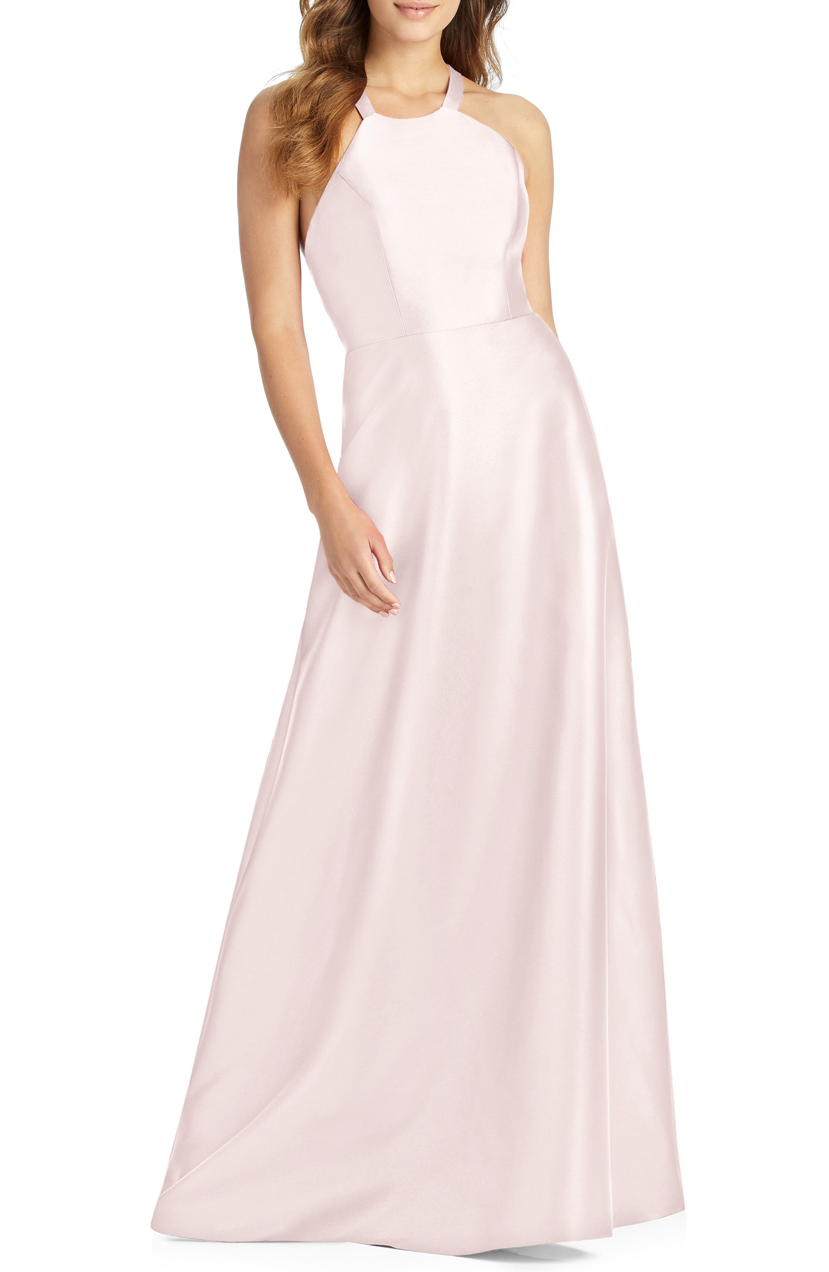 Alfred Sung Lace-Up Back Sateen Twill Gown, Pink