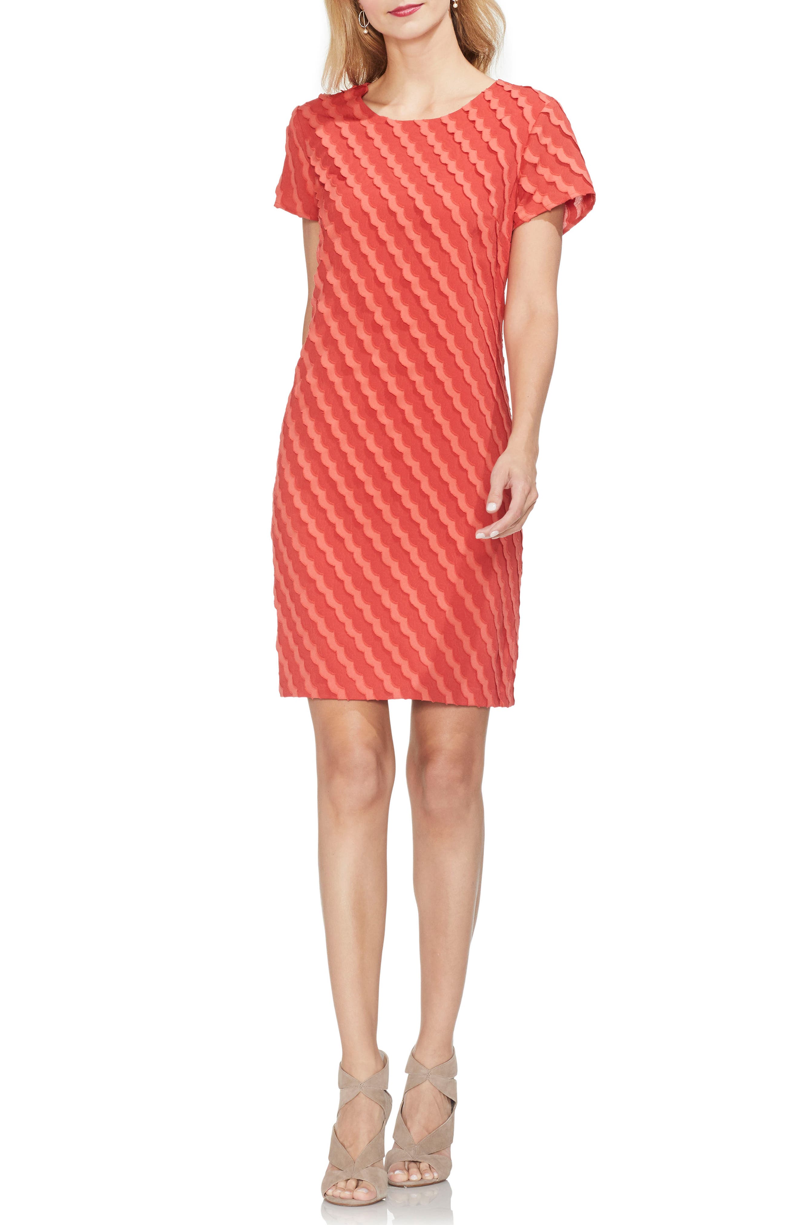 Vince Camuto Clipped Scallop Stripe Shift Dress, Red