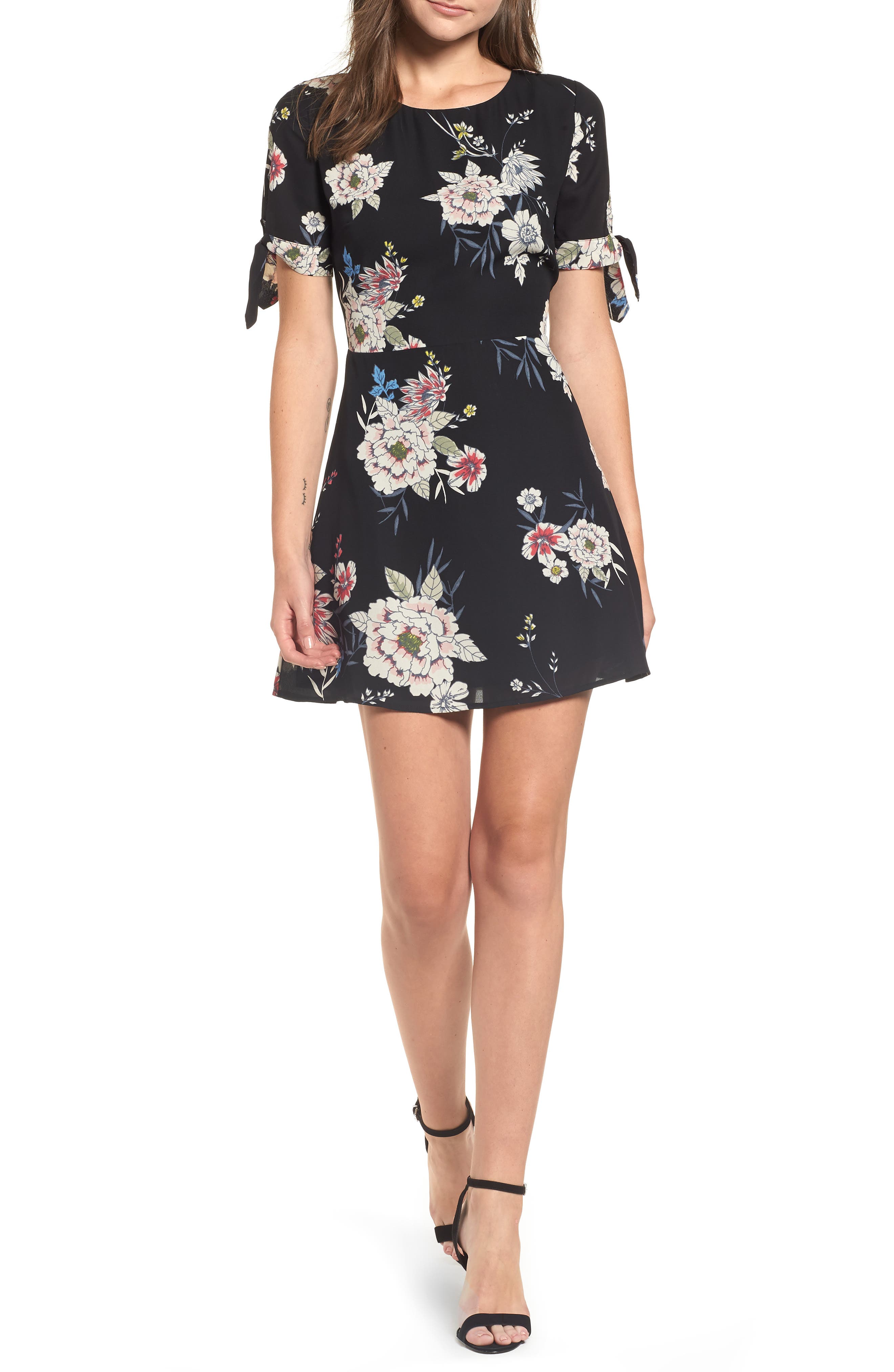 Leith Tie Sleeve Fit & Flare Dress, Black