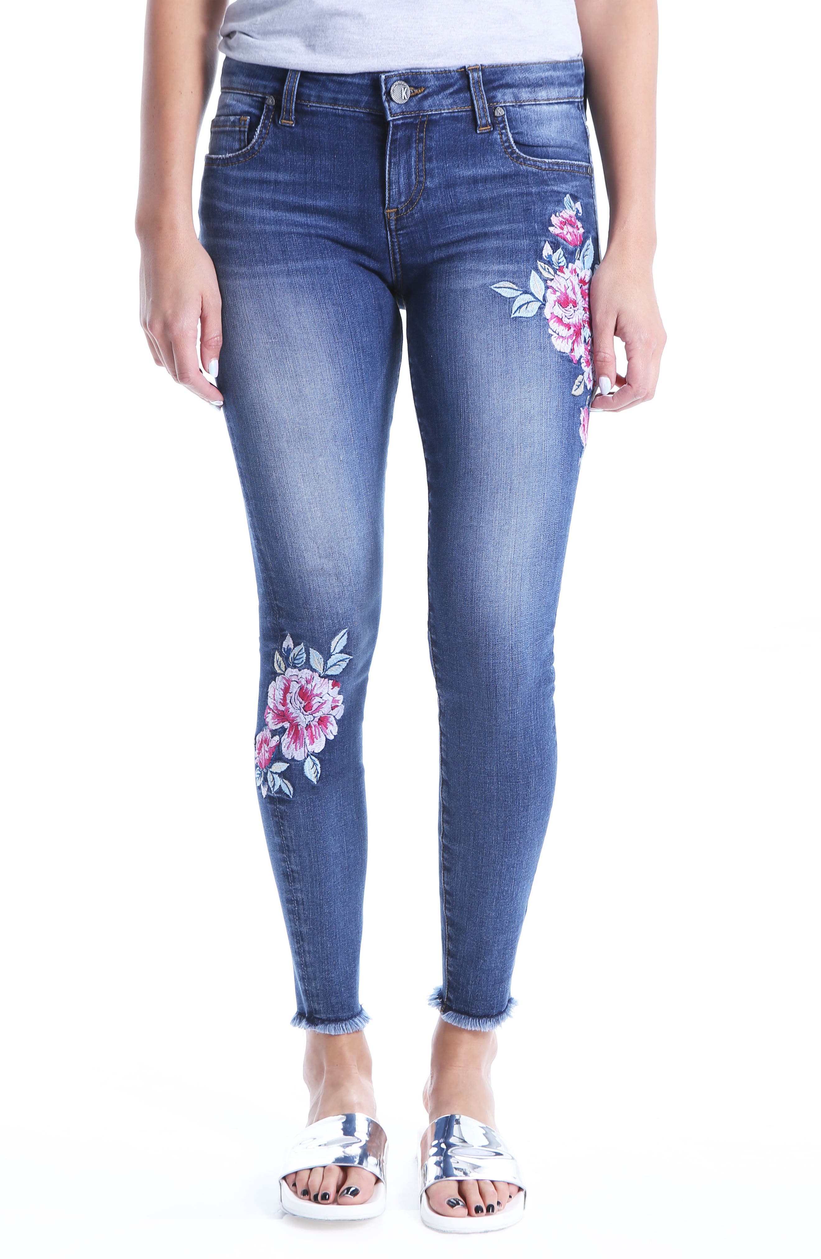 Kut From The Kloth Connie Embroided Frayed Hem Ankle Skinny Jeans, Blue