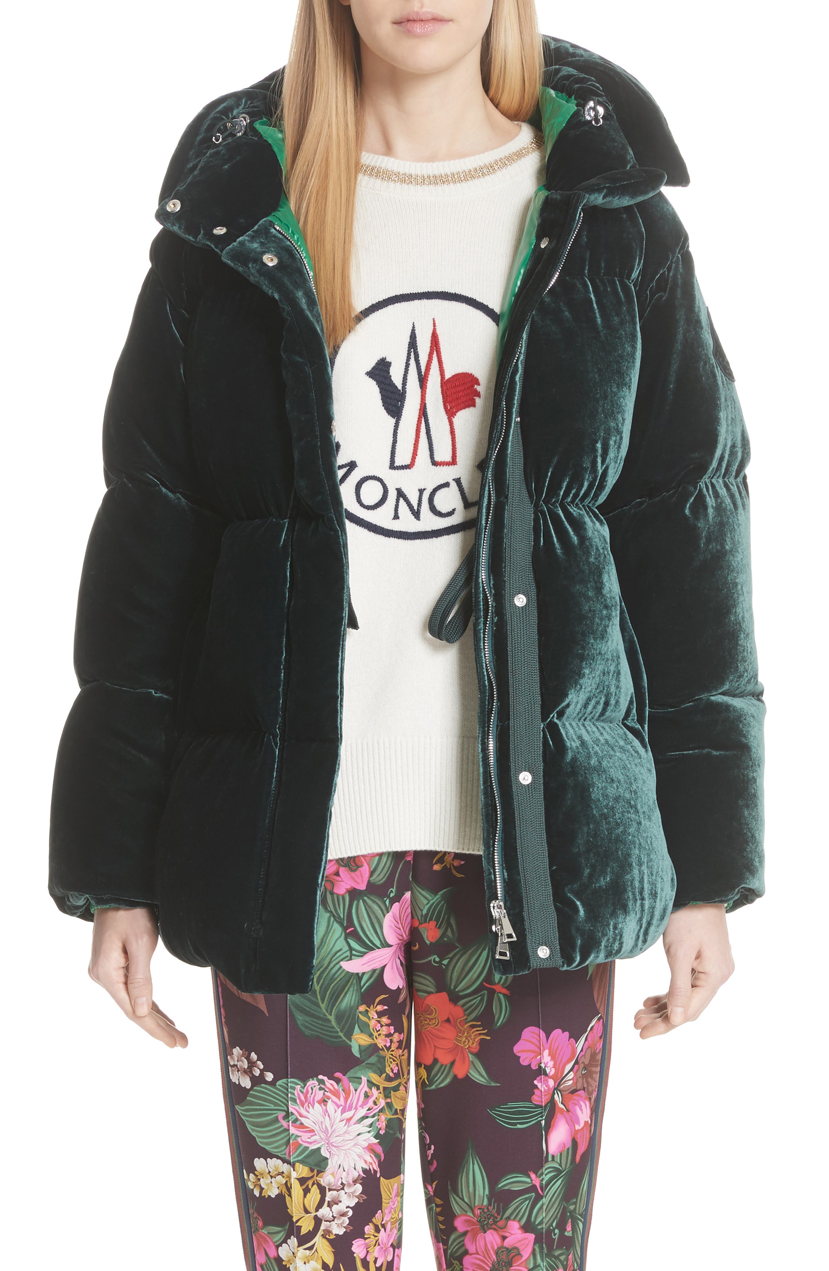 Moncler Butor Hooded Velvet Down Coat, Green