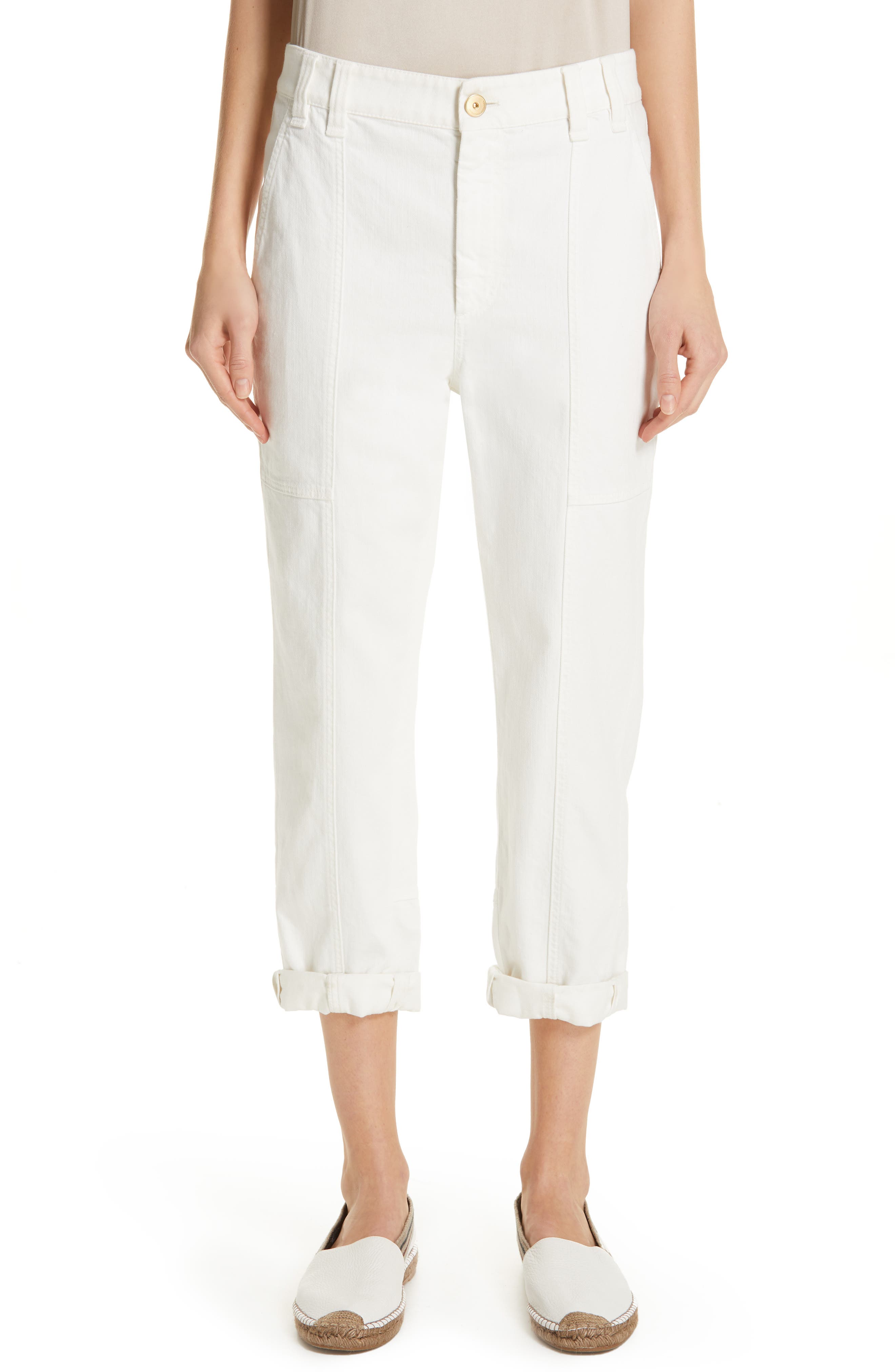 Brunello Cucinelli Stretch Cotton Crop Cargo Pants, 50 IT - White