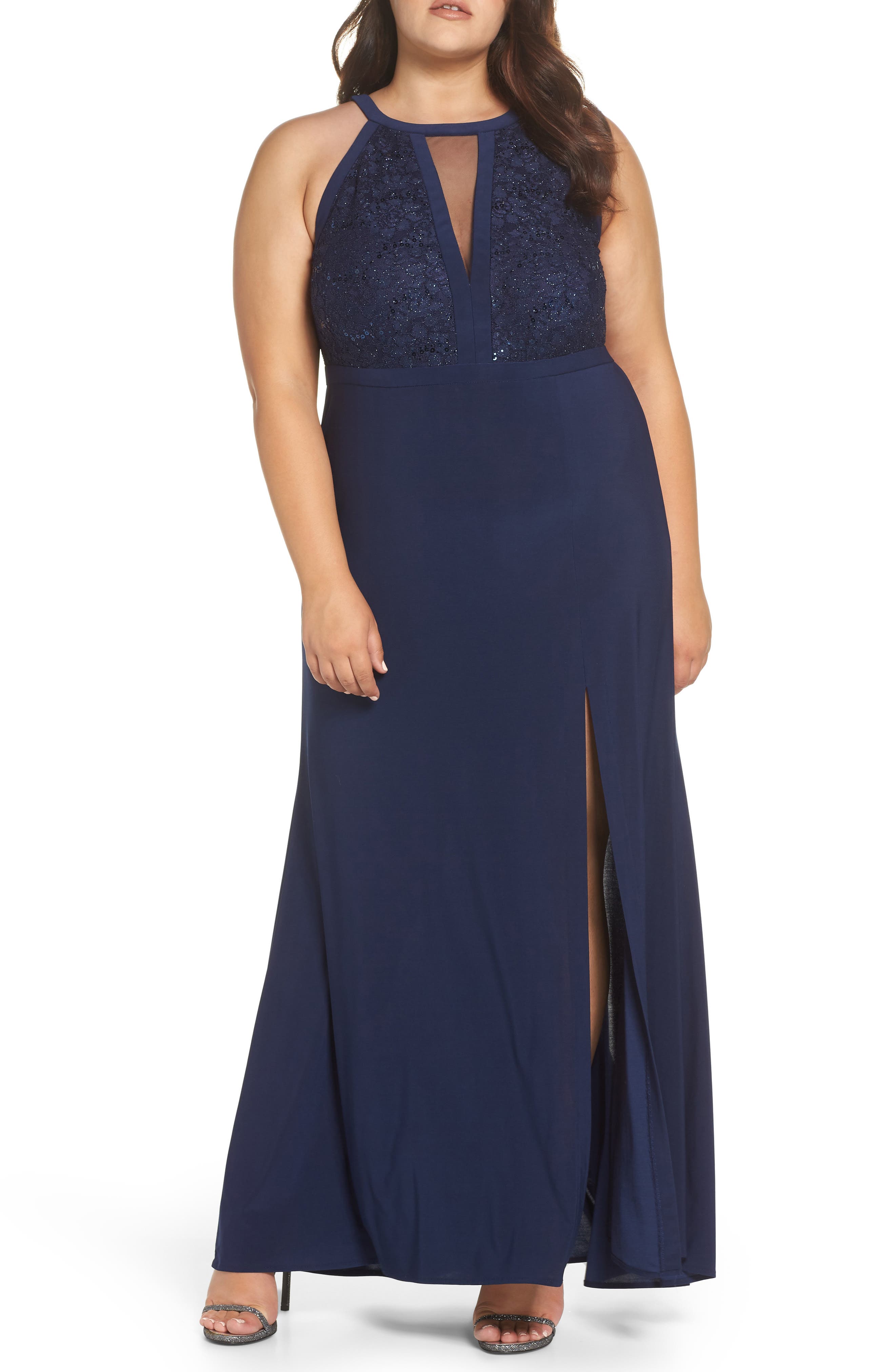 Plus Size Morgan & Co. Illusion Sparkle Lace & Knit Gown, Blue