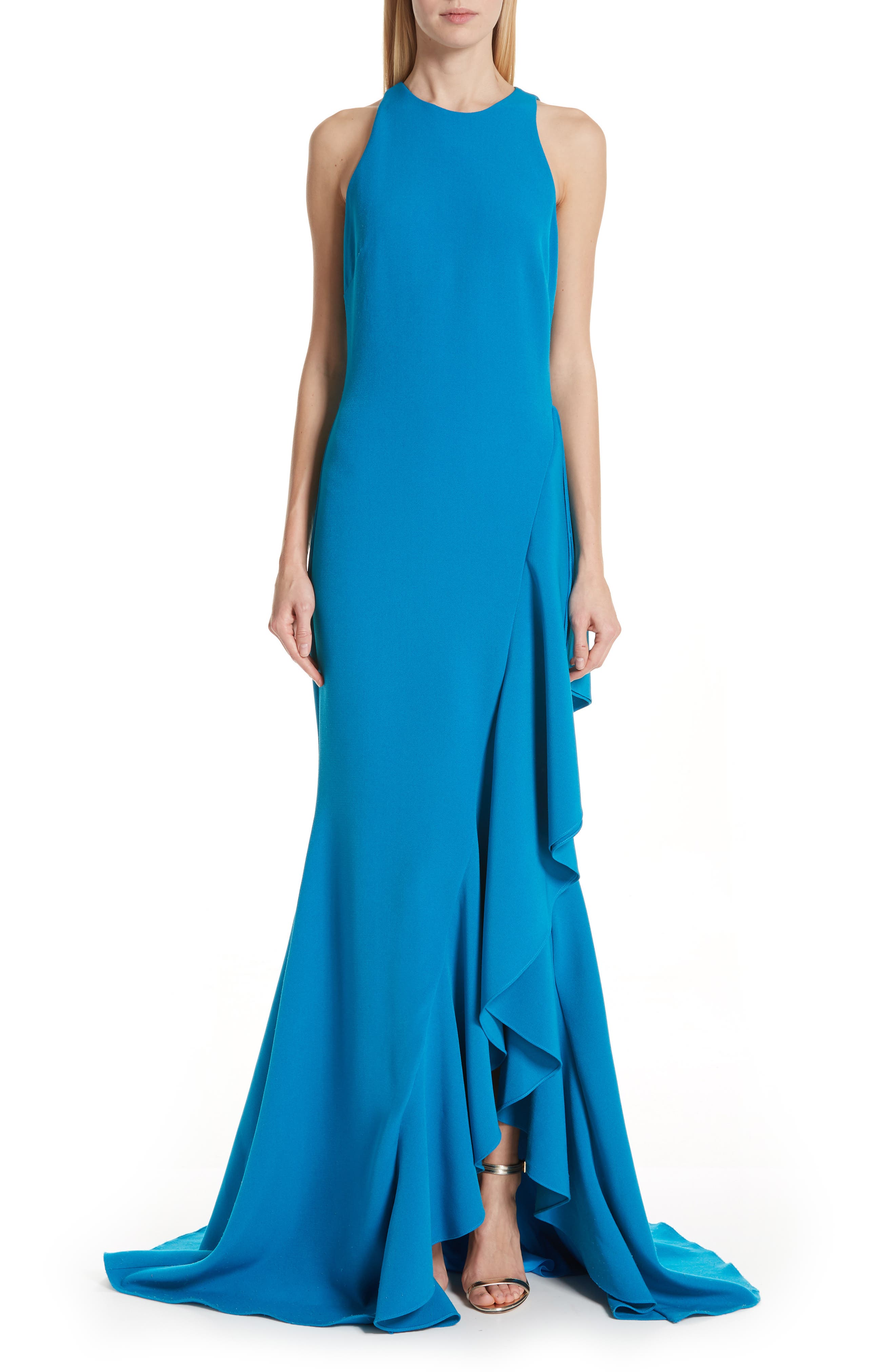 Badgley Mischka Side Ruffle Evening Dress, Blue