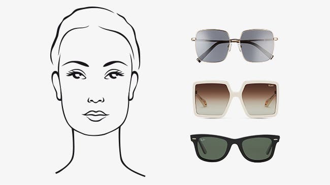 A drawing of an oblong face with square and wayfarer sunglasses next to it.