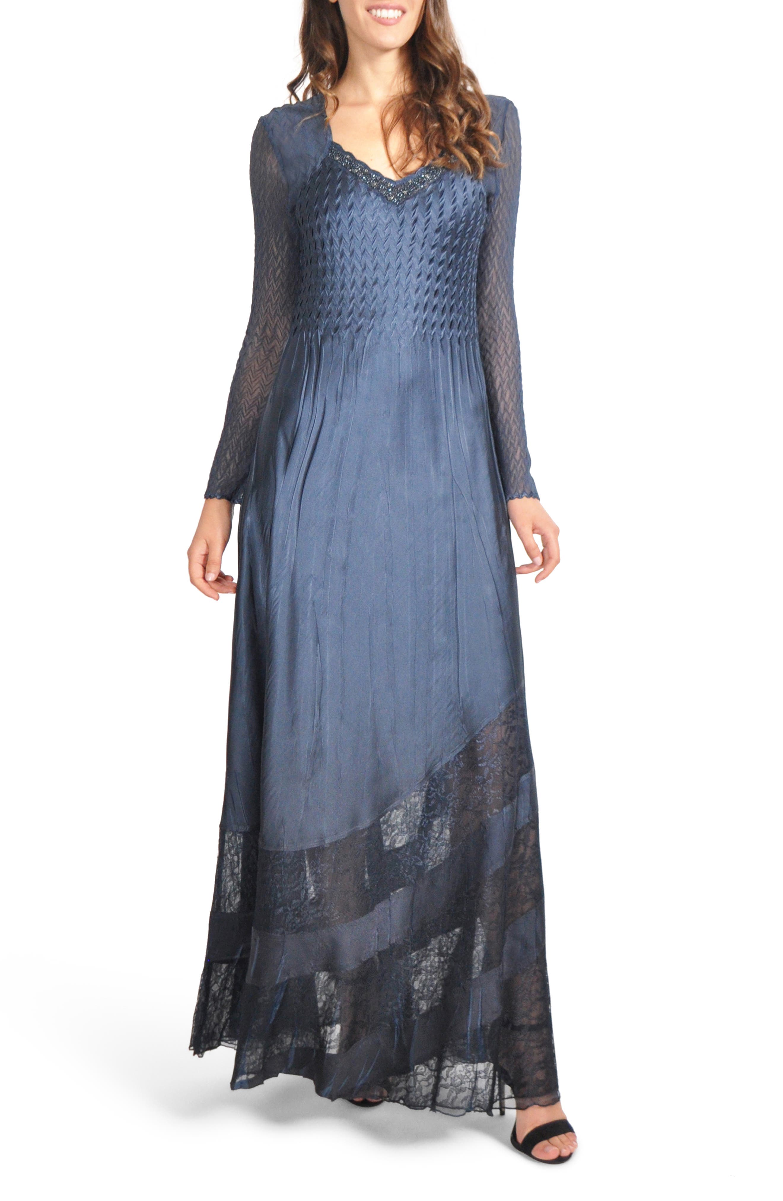 Petite Komarov Lace & Charmeuse Gown, Blue