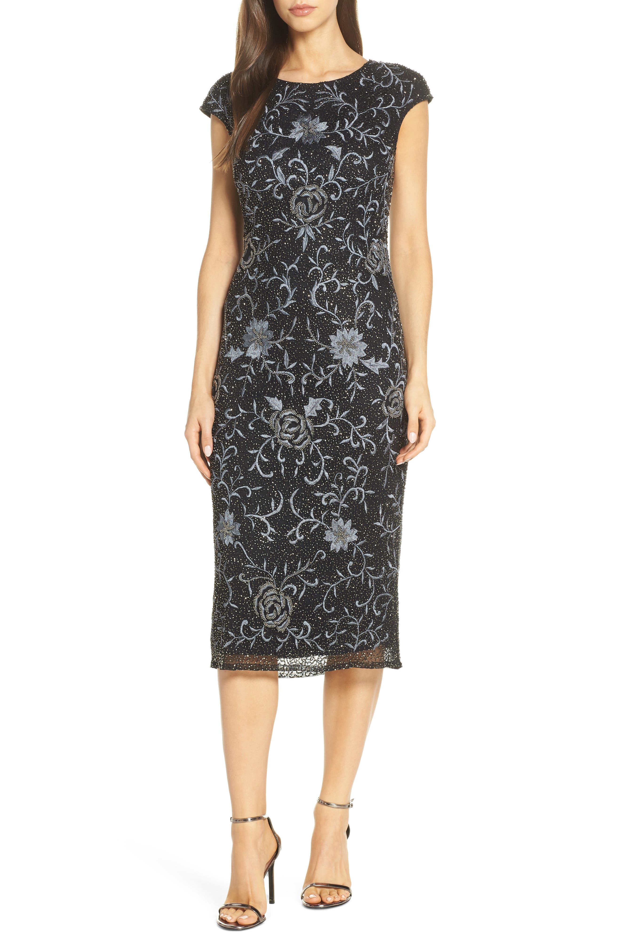 Pisarro Nights Floral Motif Embellished Cocktail Dress, Black