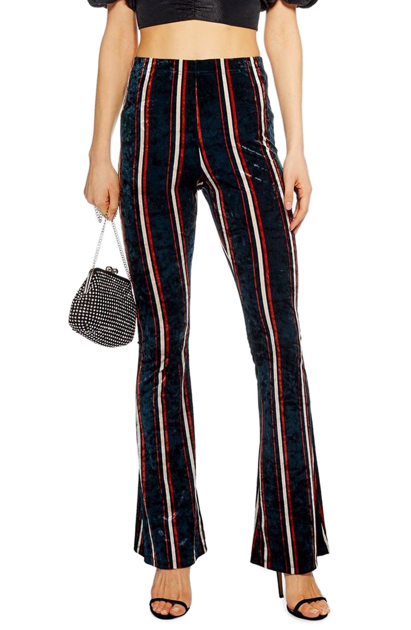 Petite Topshop Stripe Velvet Flare Pants, P US (fits like 6-8P) - Black
