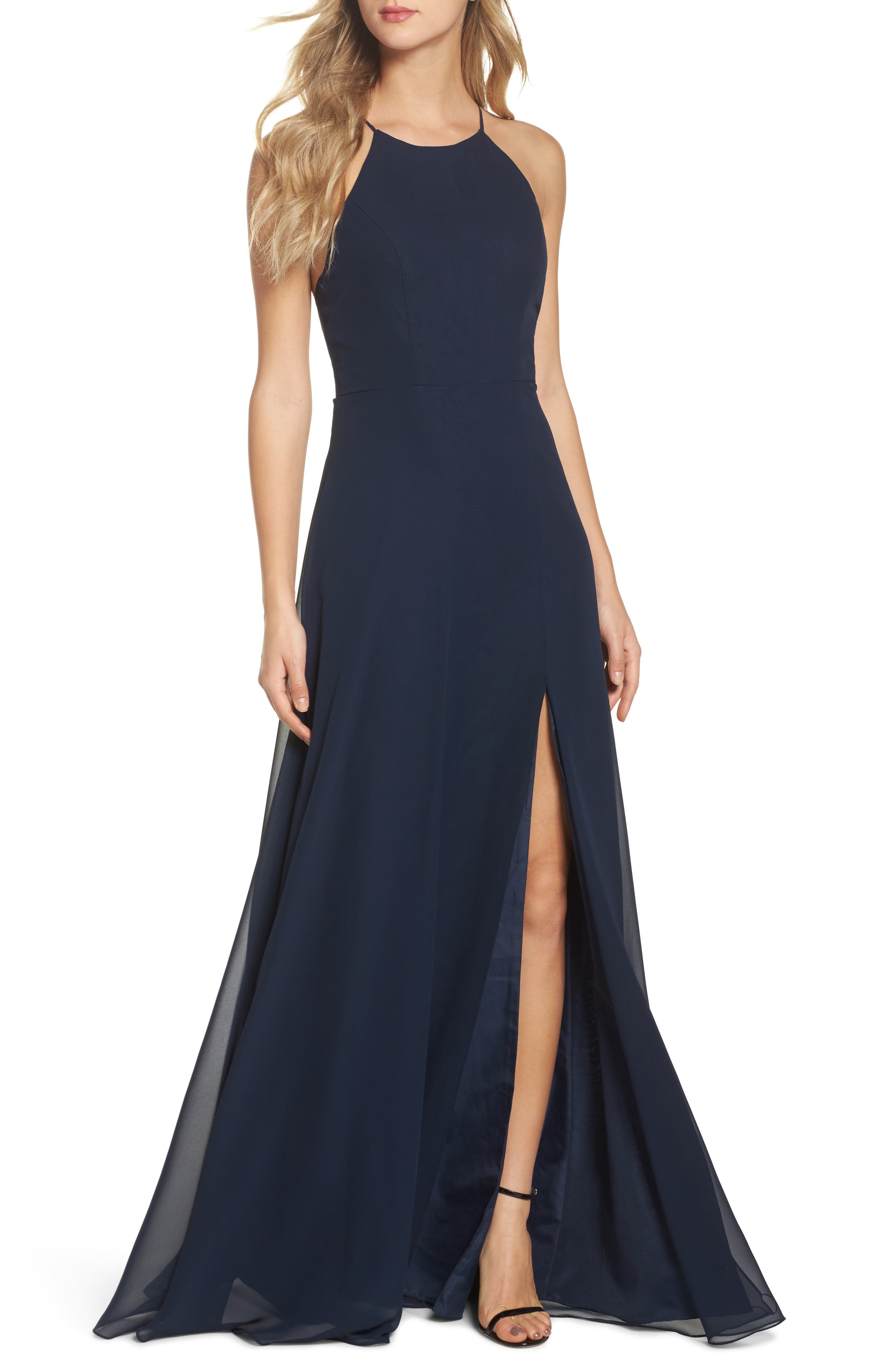 Jenny Yoo Kayla A-Line Halter Gown, Blue