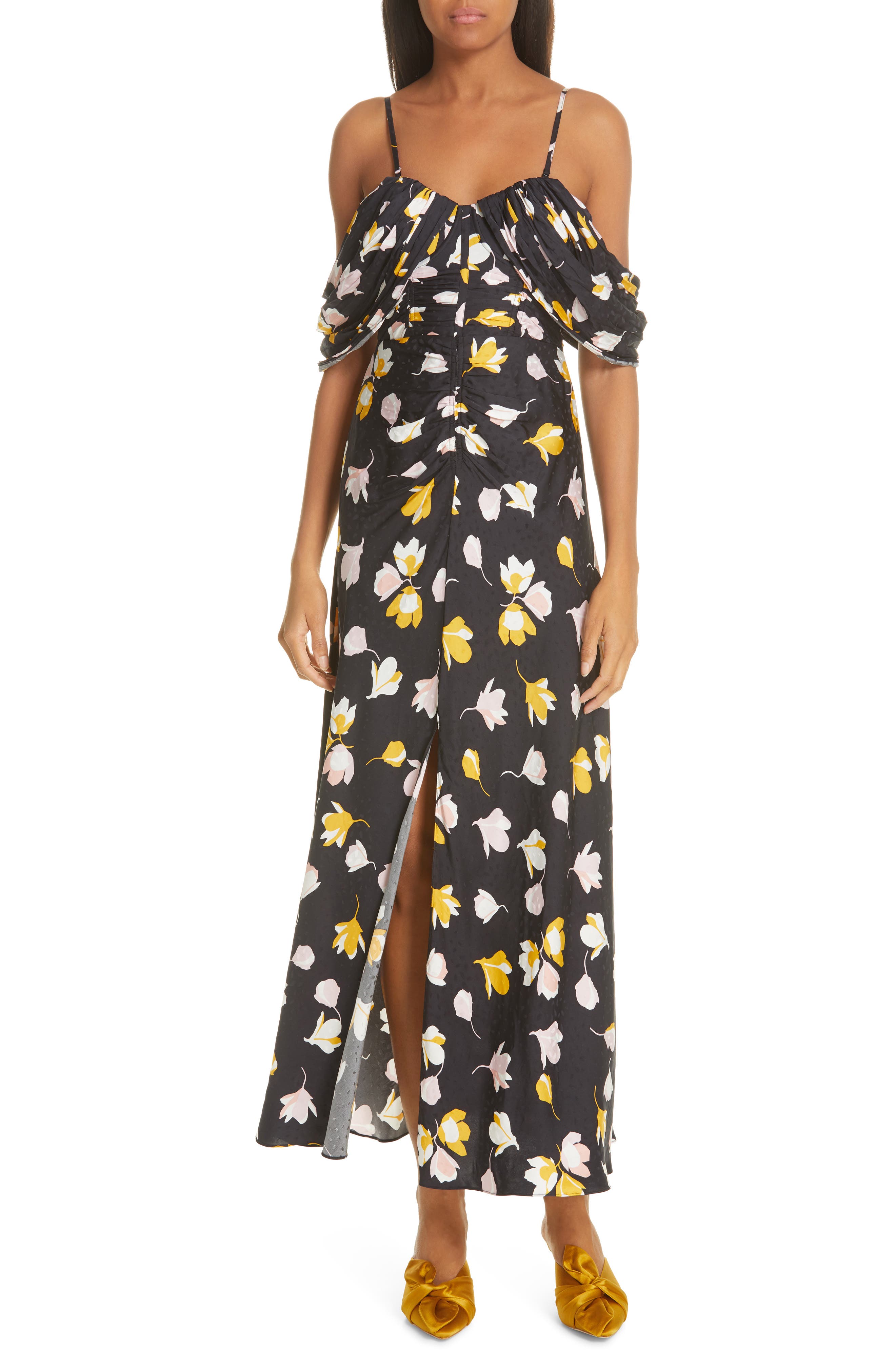Self-Portrait Floral Print Off The Shoulder Maxi Dress, Black