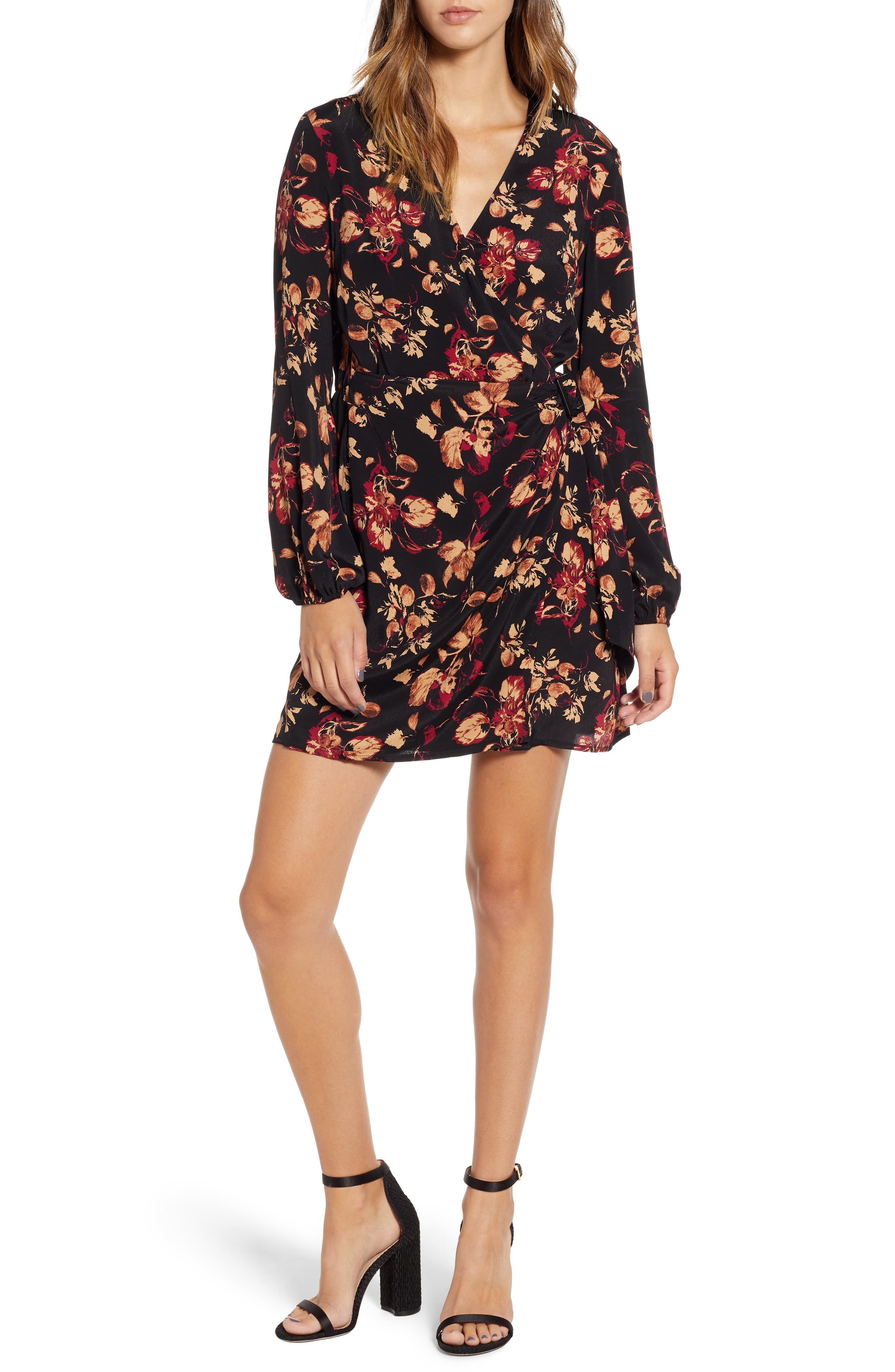 Leith Long Sleeve Surplice Wrap Dress, Black