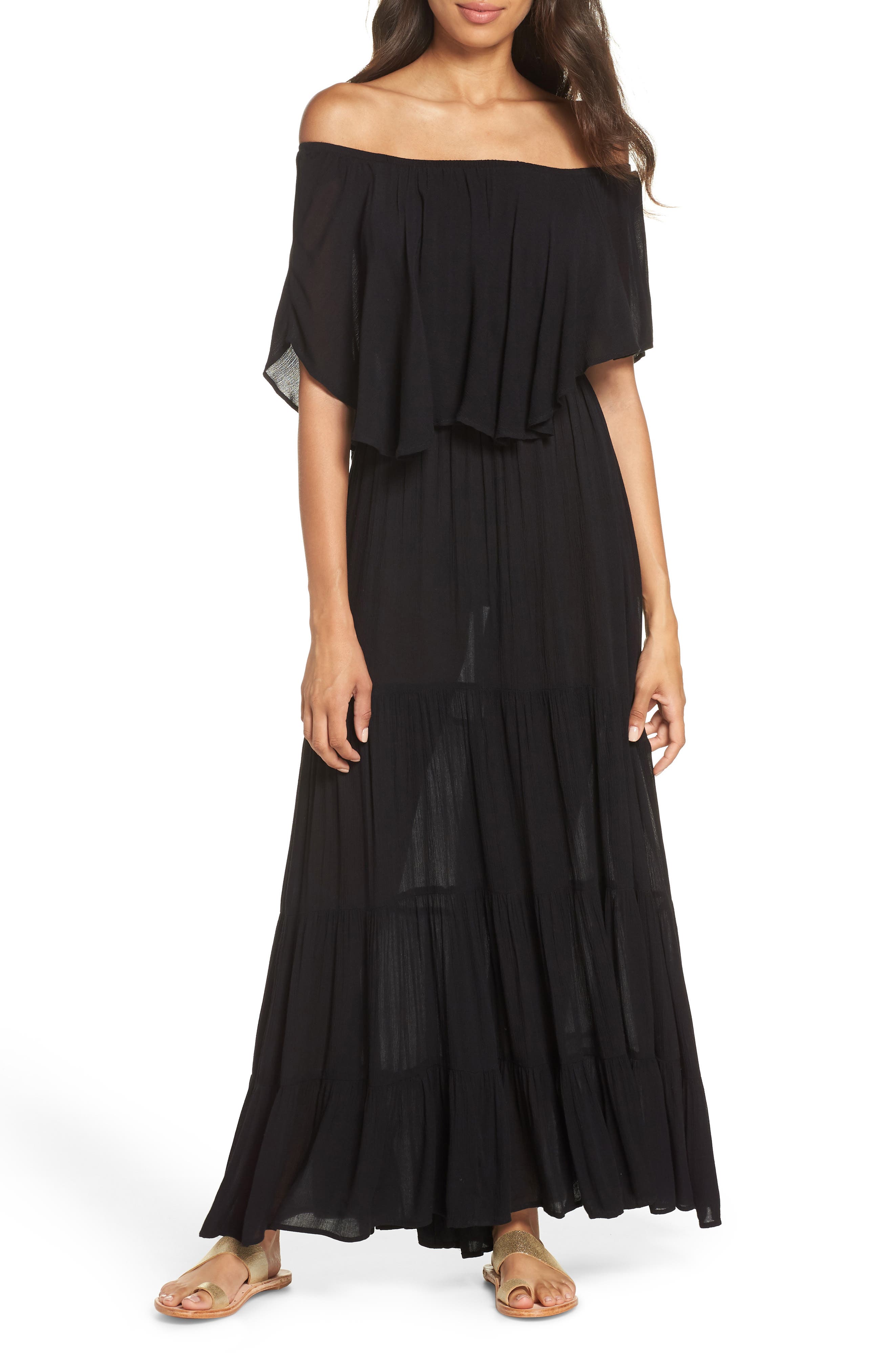 Elan Off The Shoulder Ruffle Cover-Up Maxi Dress, Black