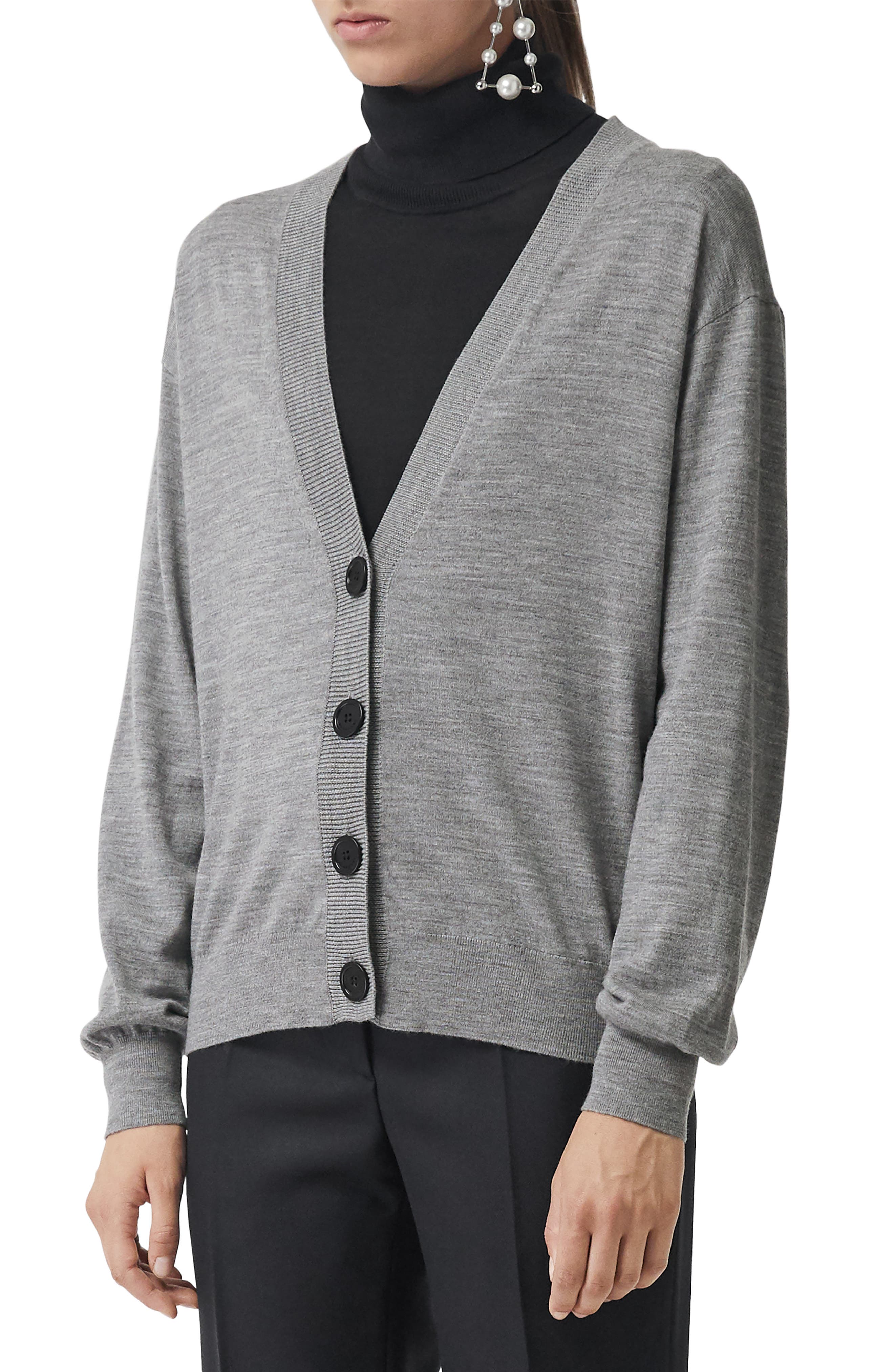 Burberry Dornoch Check Detail Merino Wool Cardigan, Grey