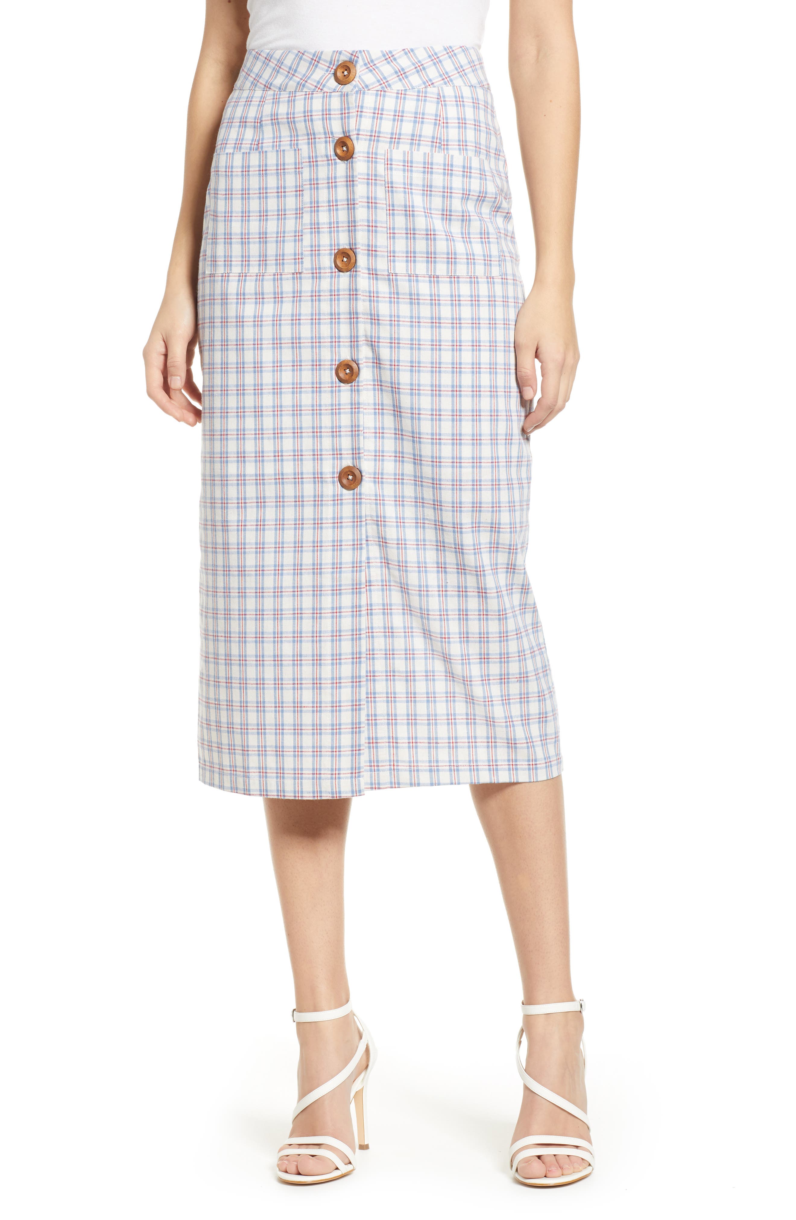 English Factory Plaid Button Down Midi Skirt, Blue