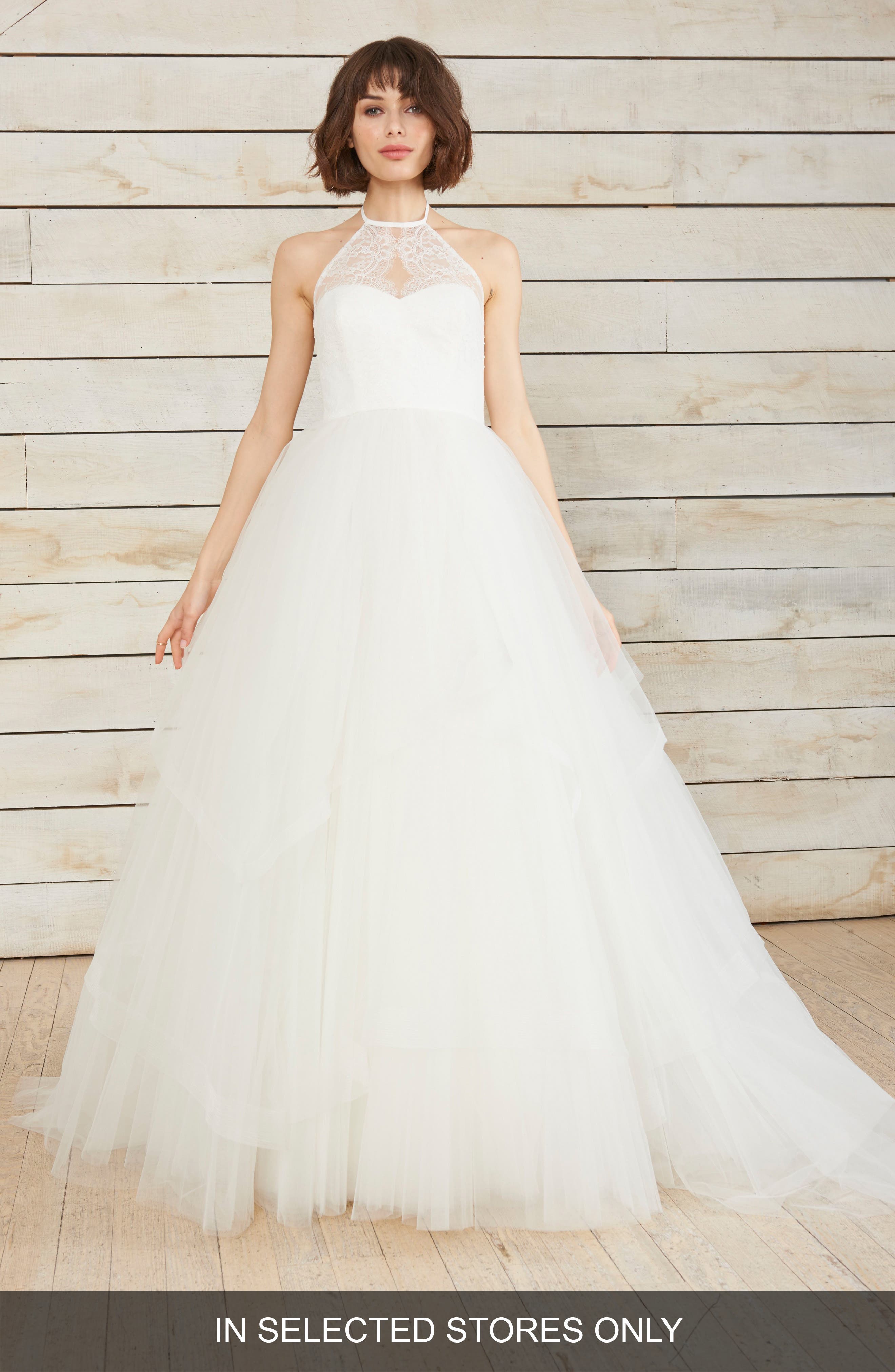 Nouvelle Amsale Hazel Chantilly Lace & Tulle Halter Gown, Size IN STORE ONLY - Ivory