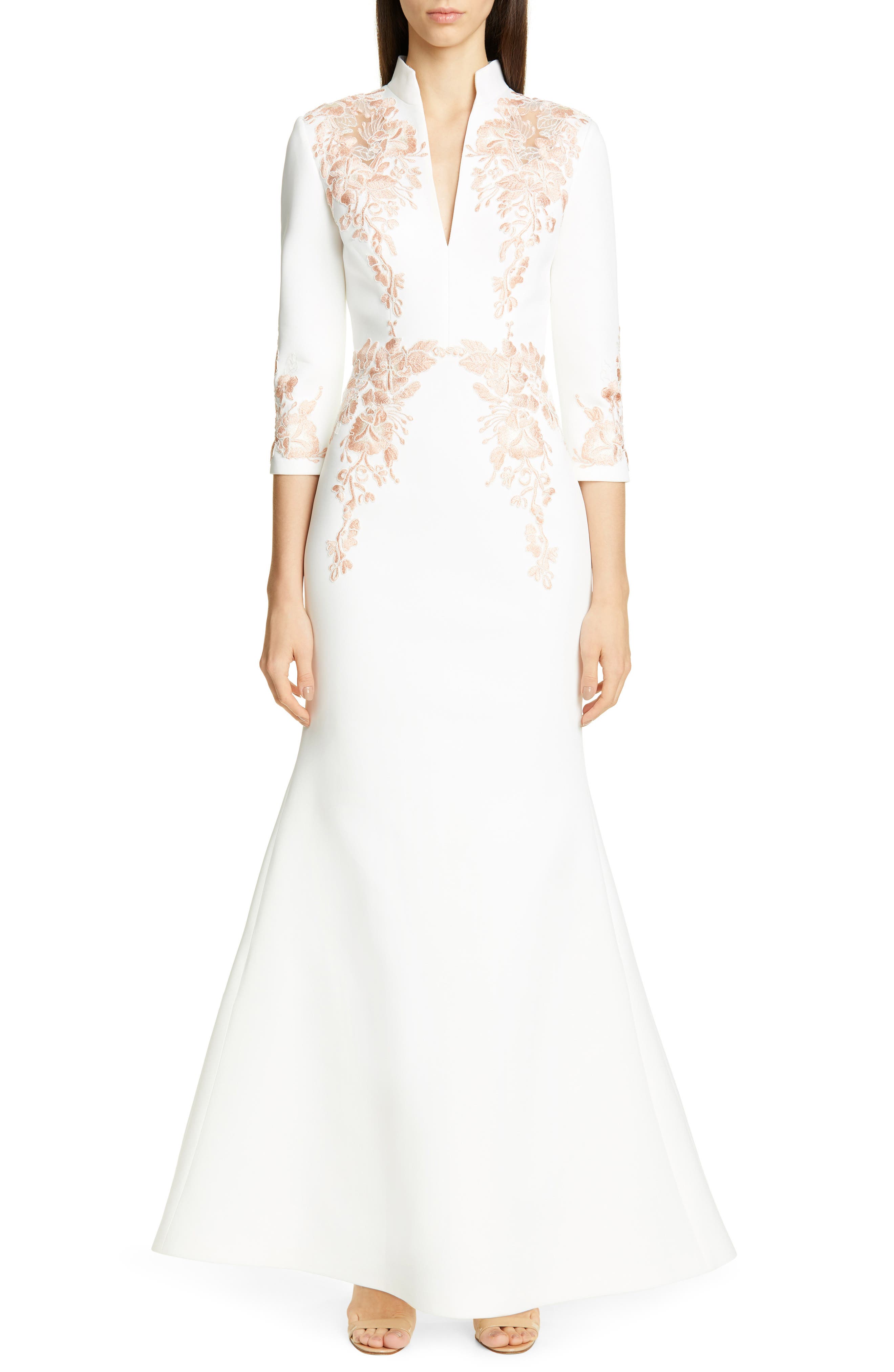Badgley Mischka Collection Floral Applique Scuba Evening Dress, White