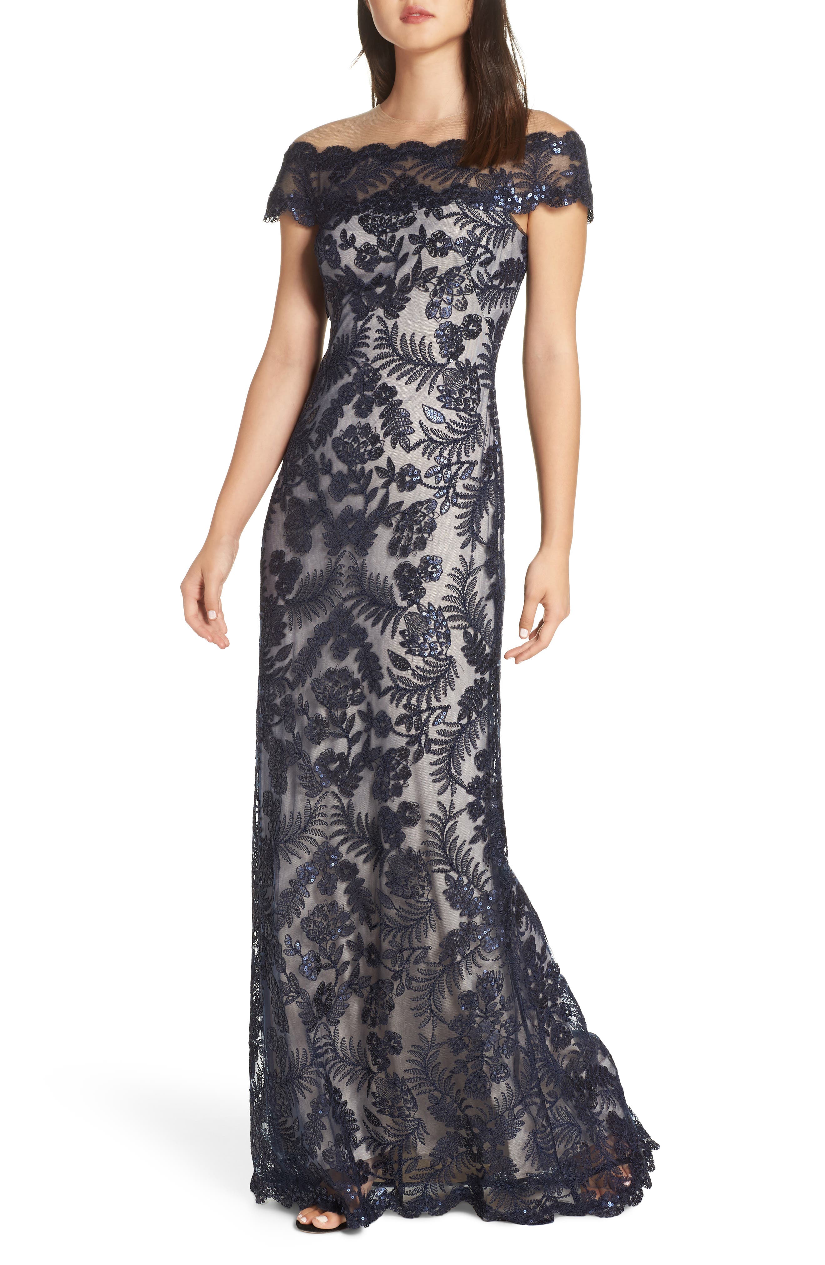 Tadashi Shoji Illusion Neck Sequin Lace Gown, Blue