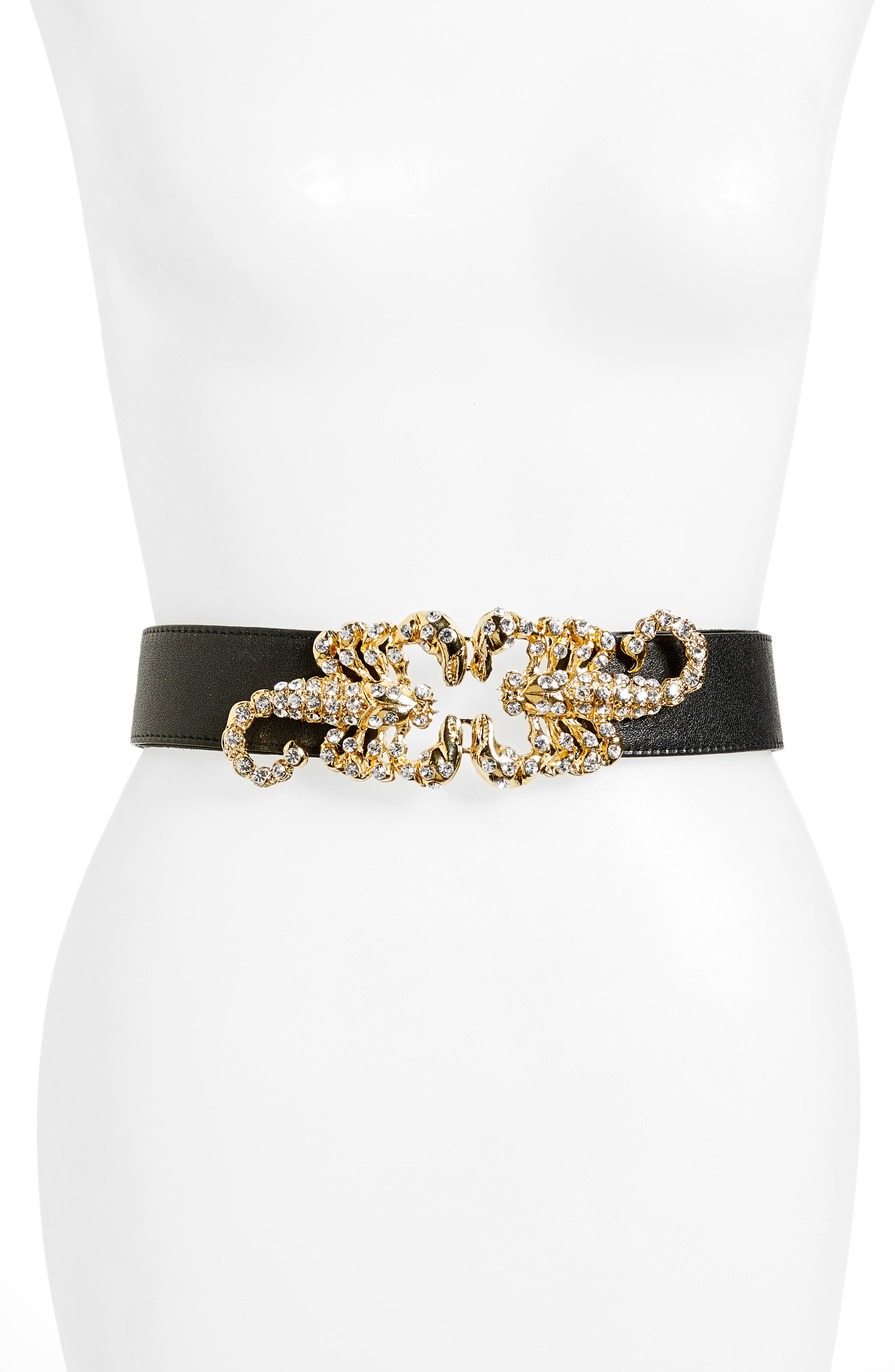 Raina Queen Scorpion Leather Belt, Size One Size - Black/ White Crystal