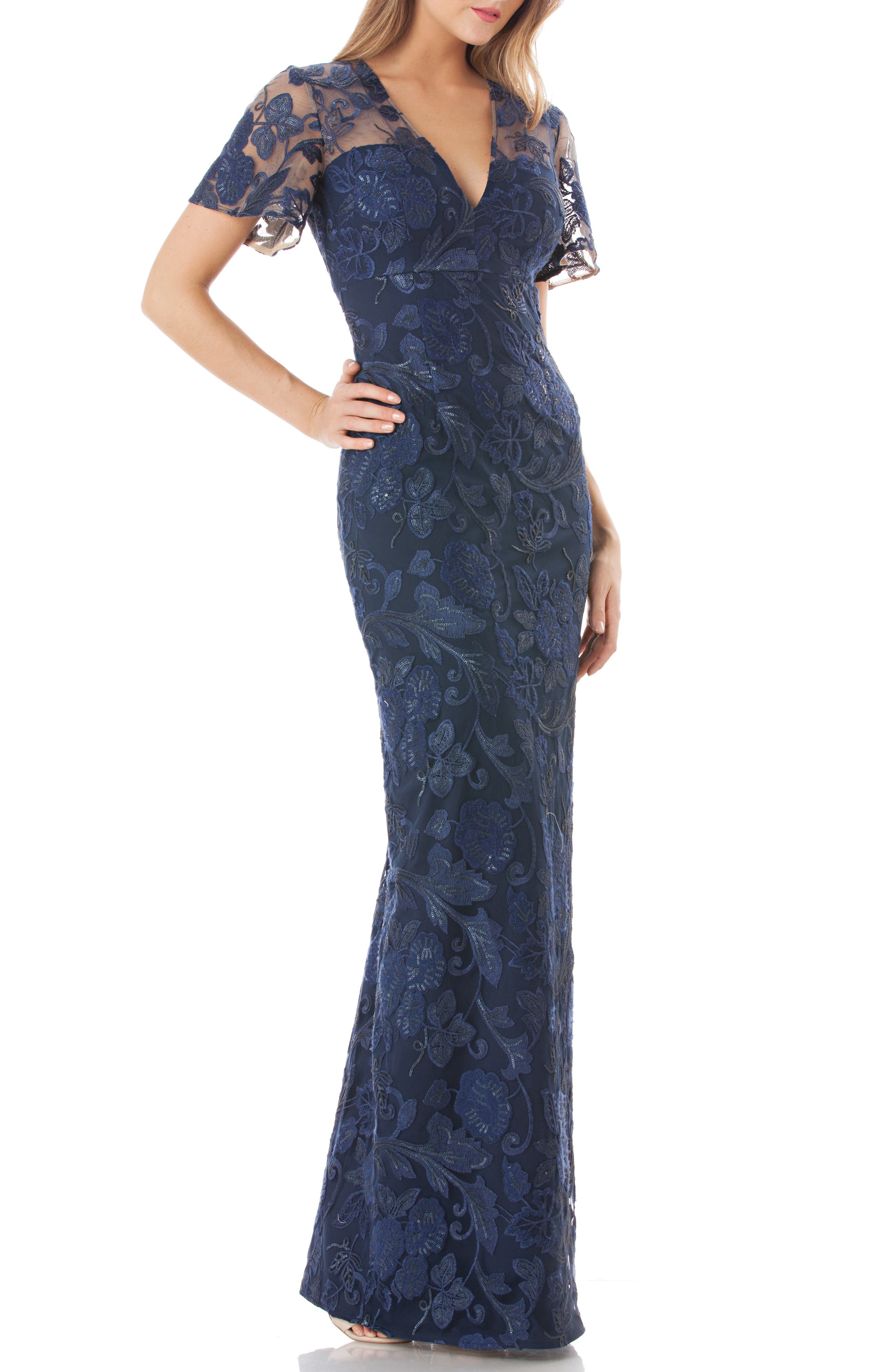 Carmen Marc Valvo Infusion Sequin Embroidered Gown, Blue