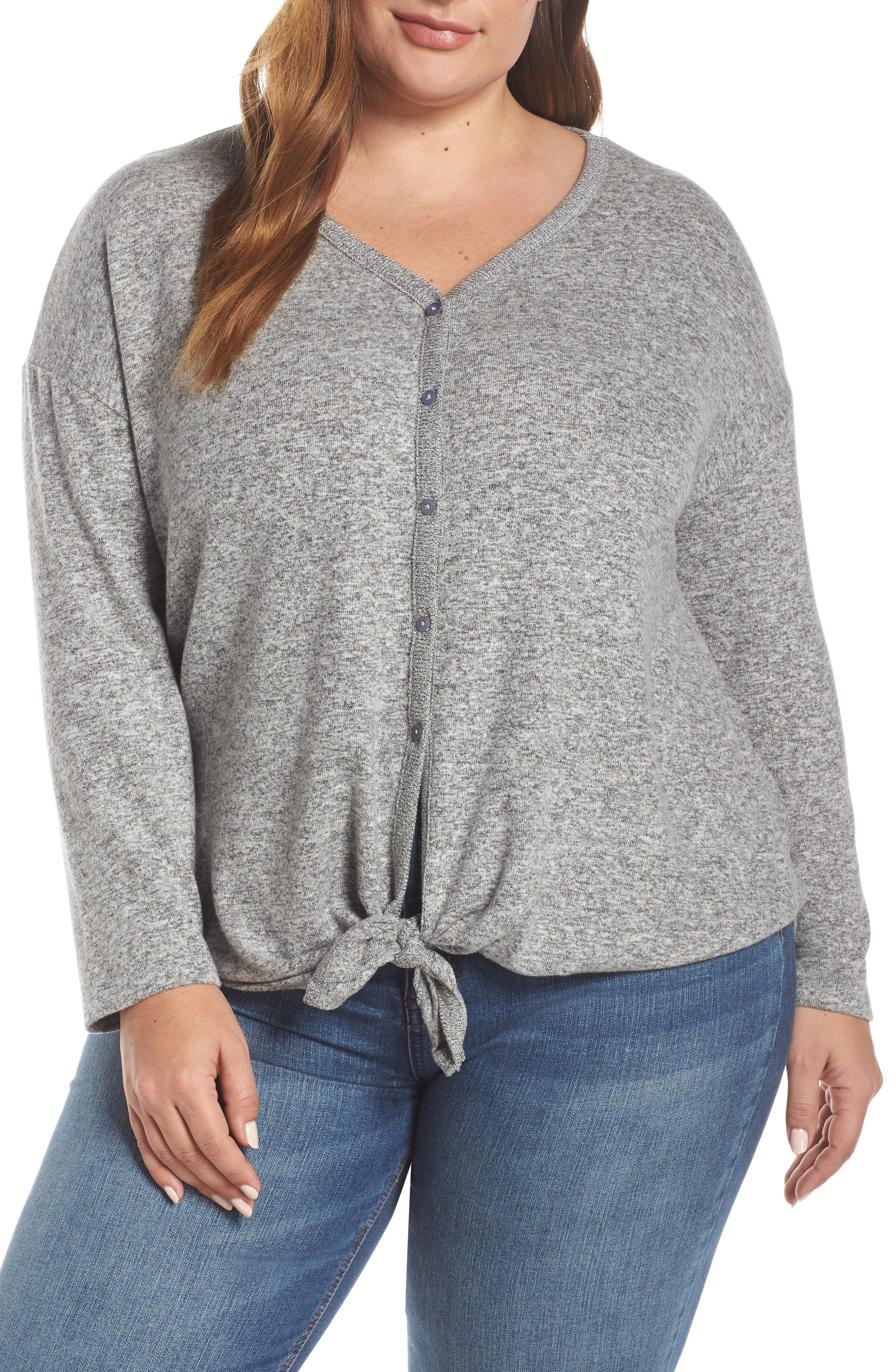Plus Size Caslon Cozy Tie Front Cardigan, Grey