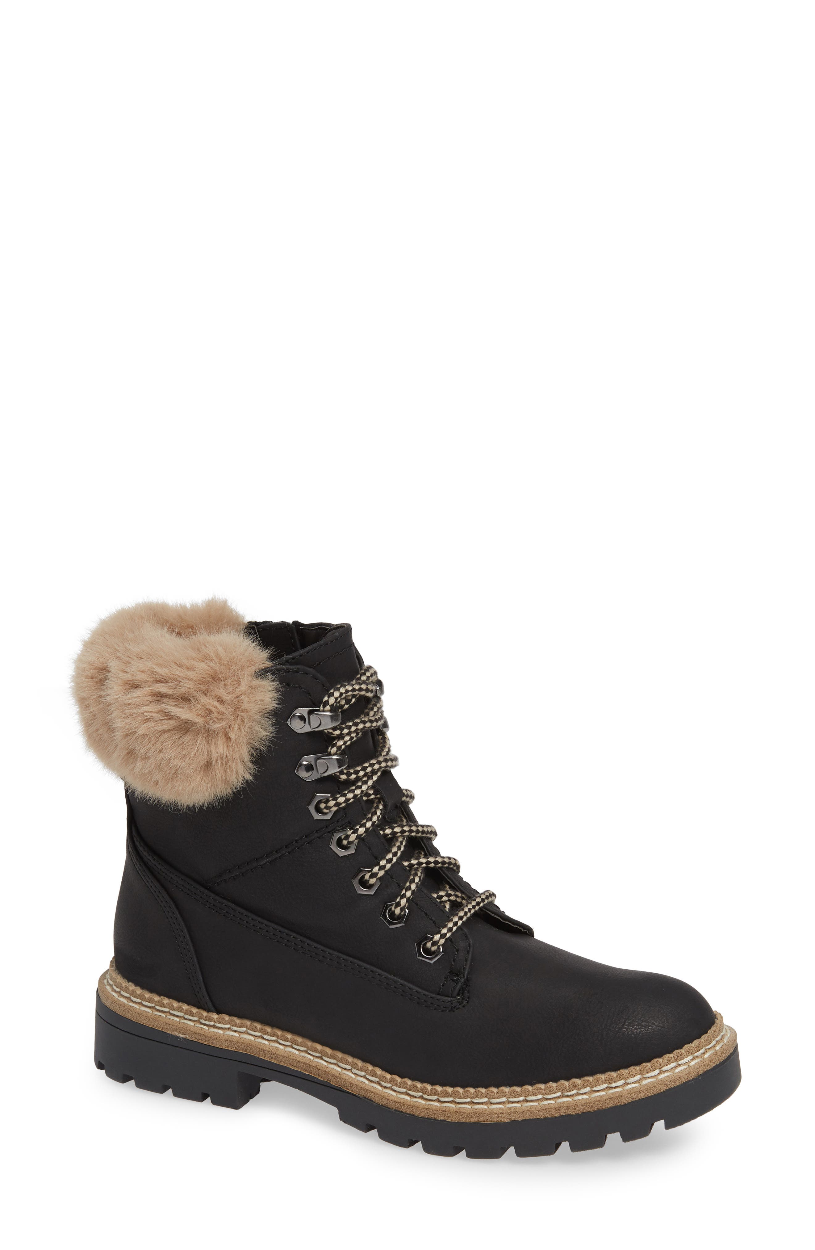 Steve Madden Alaska Lace-Up Bootie With Faux Fur Cuff- Black