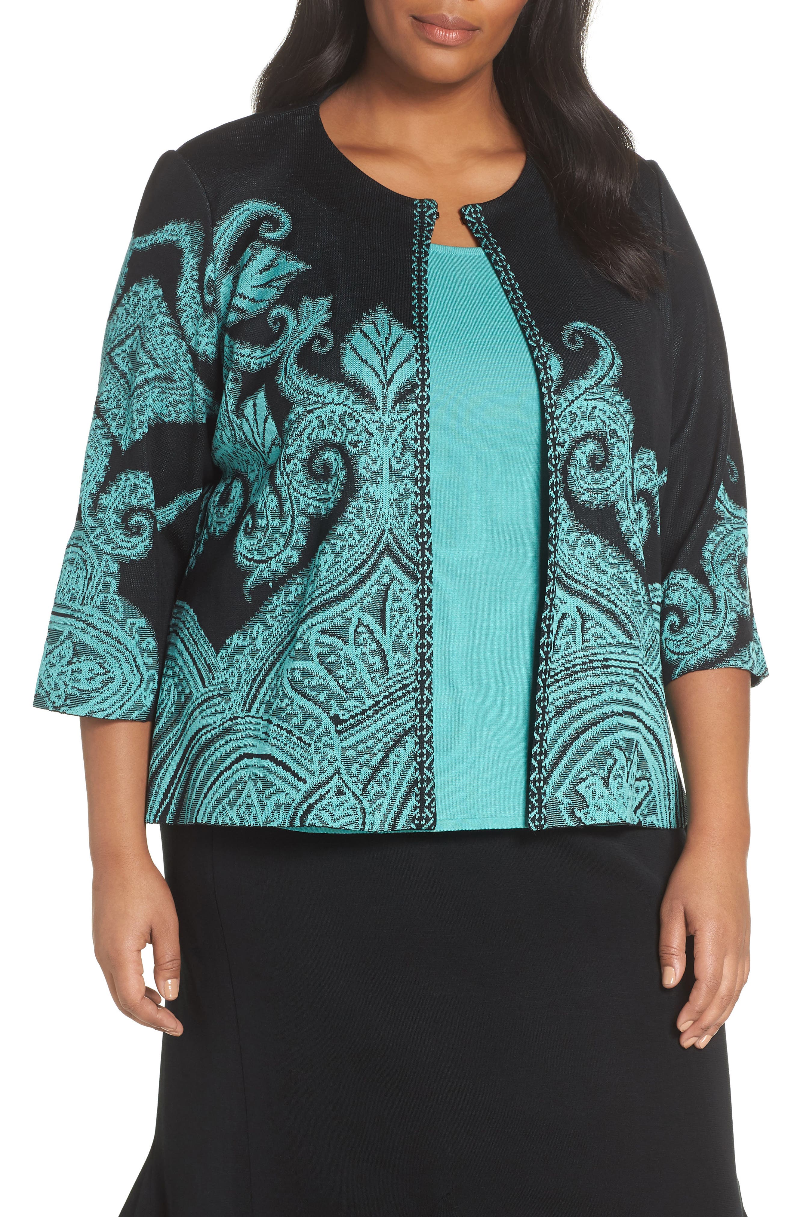 Plus Size Ming Wang Paisley Jacquard Knit Jacket, Green