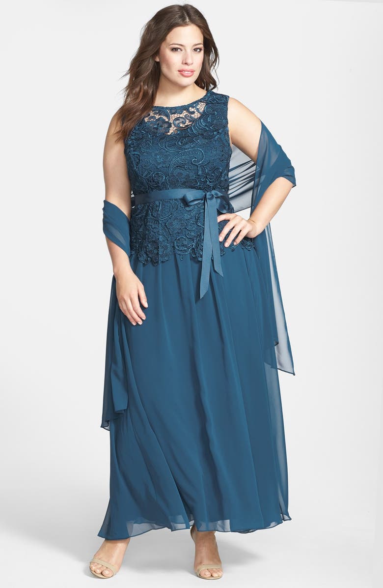Alex Evenings Ribbon Tie Lace Bodice Gown with Shawl | Nordstrom