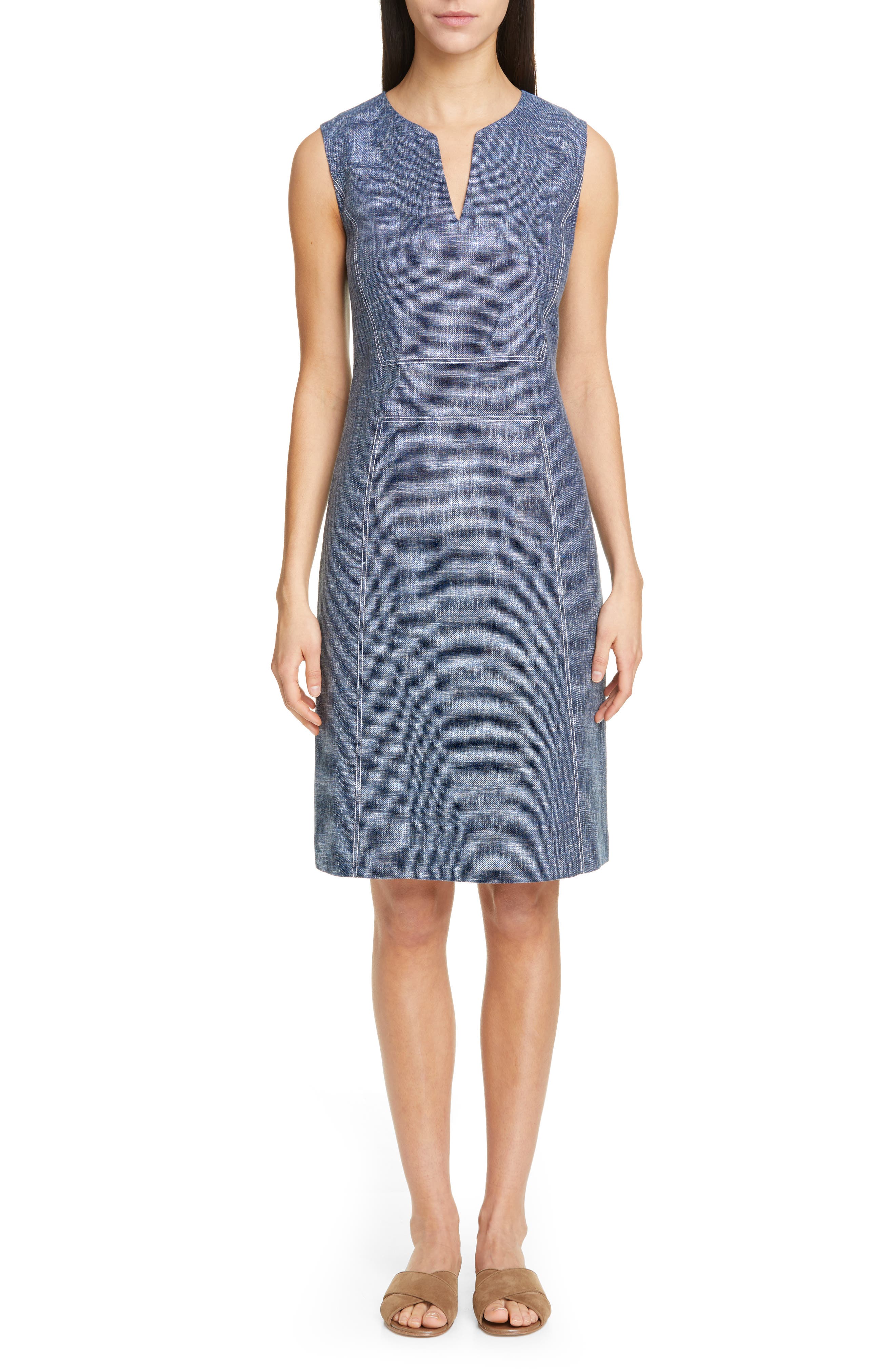 Lafayette 148 New York Brett Contrast Stitch Cotton & Linen Dress, Blue