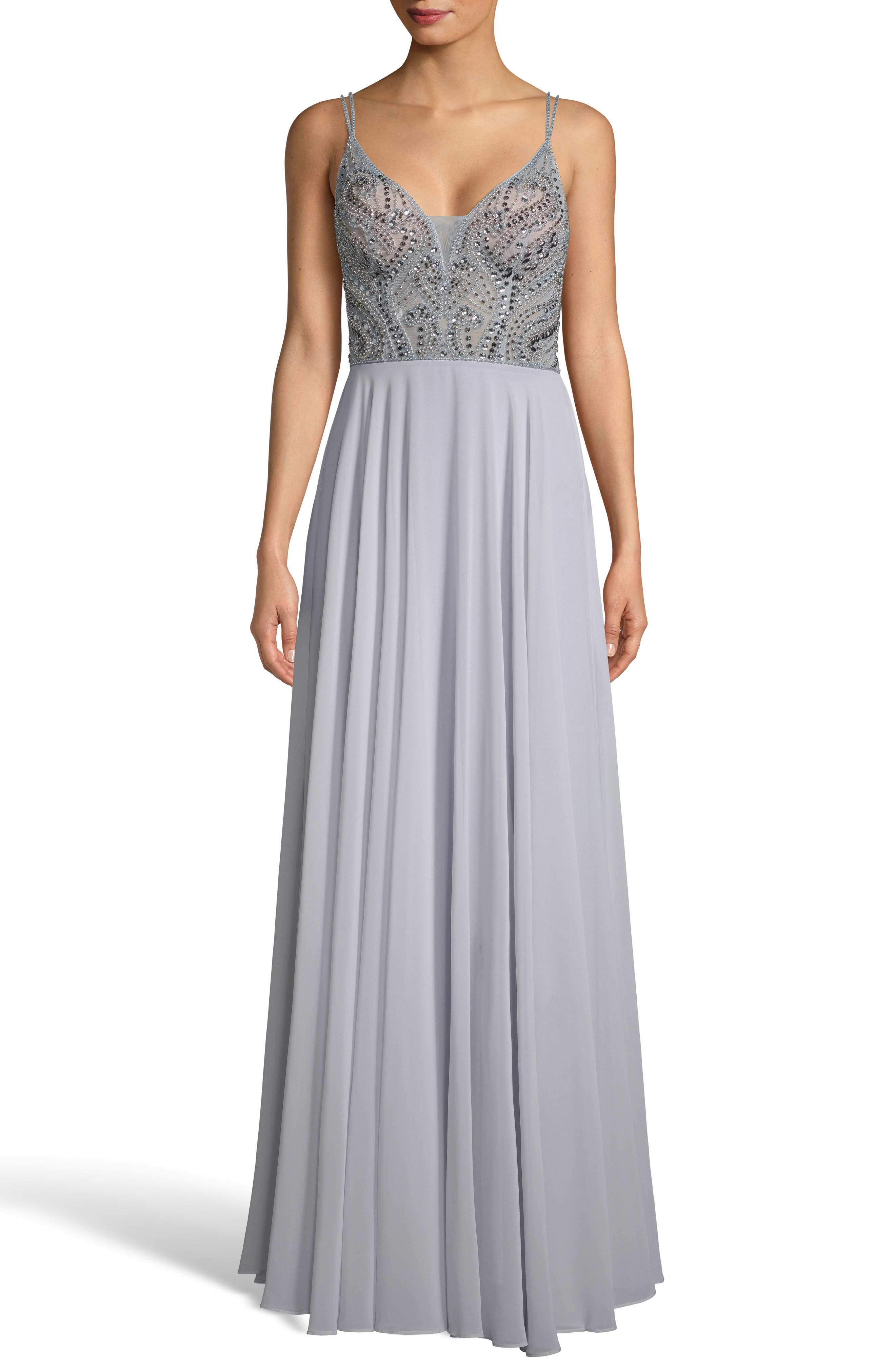 Xscape Embellished Illusion Bodice V-Neck Chiffon Evening Dress, Metallic