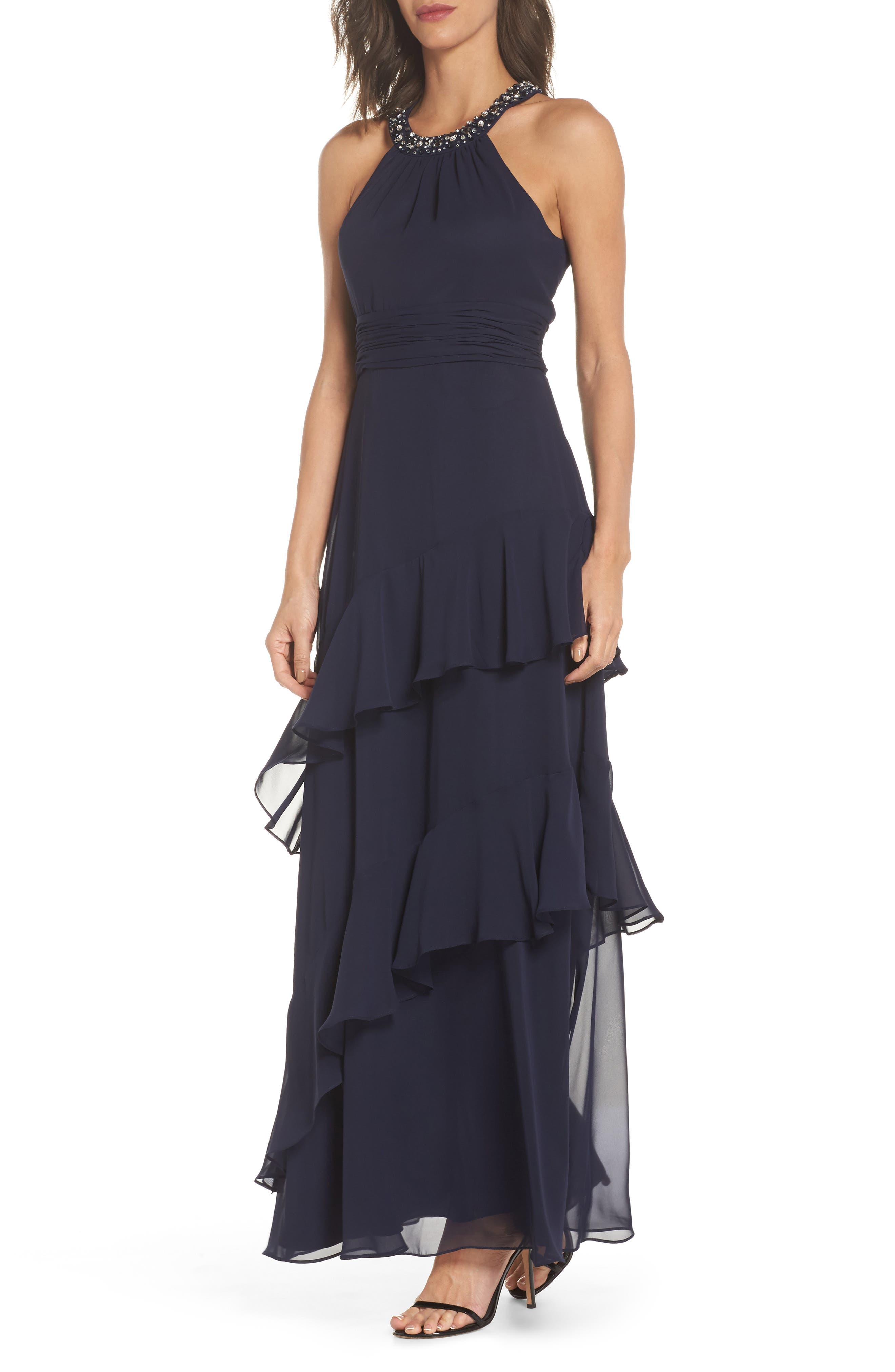 Eliza J Beaded Halter Tiered Chiffon Gown, Blue