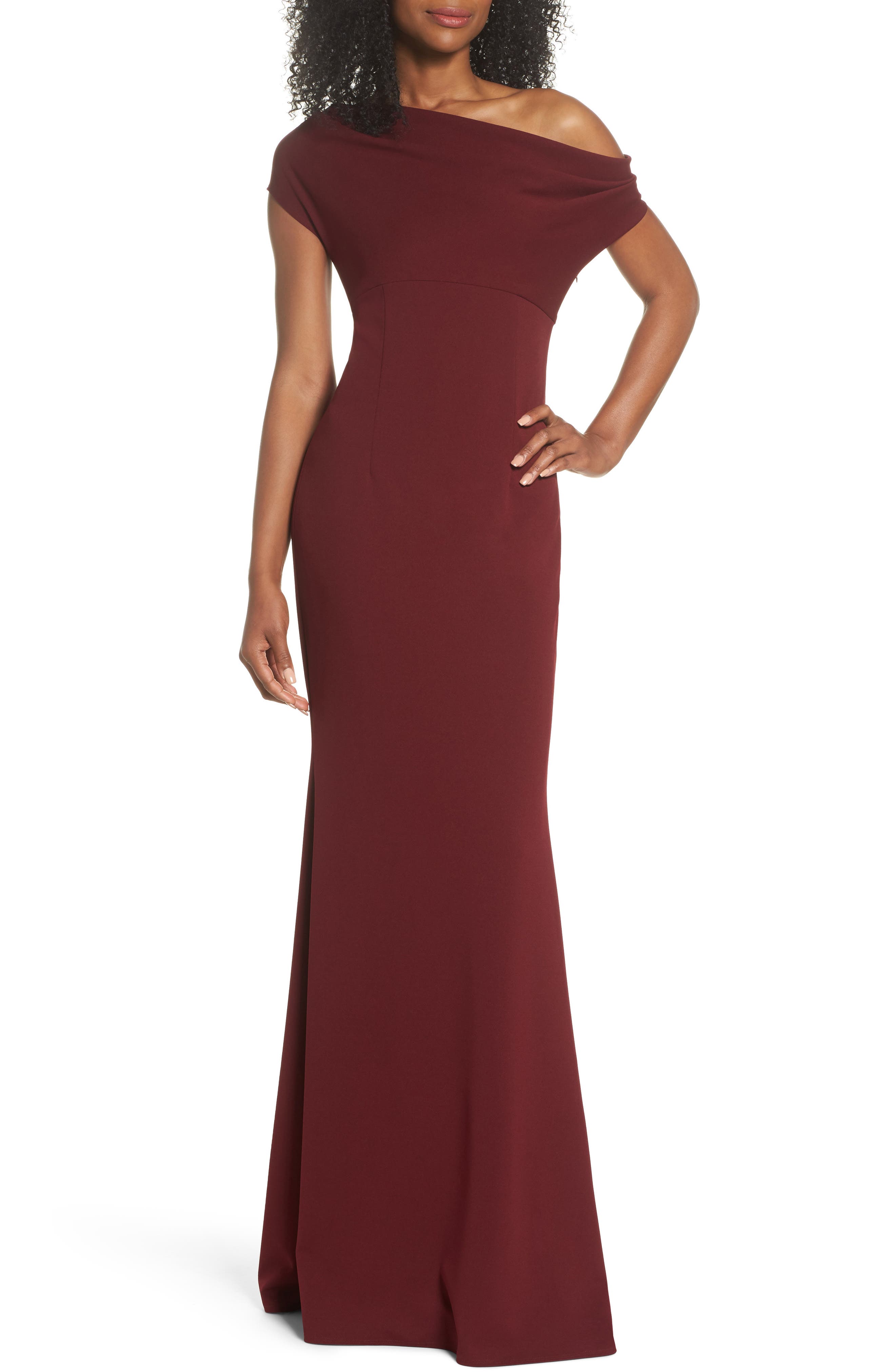 Katie May Hannah One-Shoulder Crepe Trumpet Gown, Burgundy