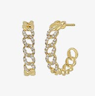 Gold curb-link hoop earrings with pavé diamonds.