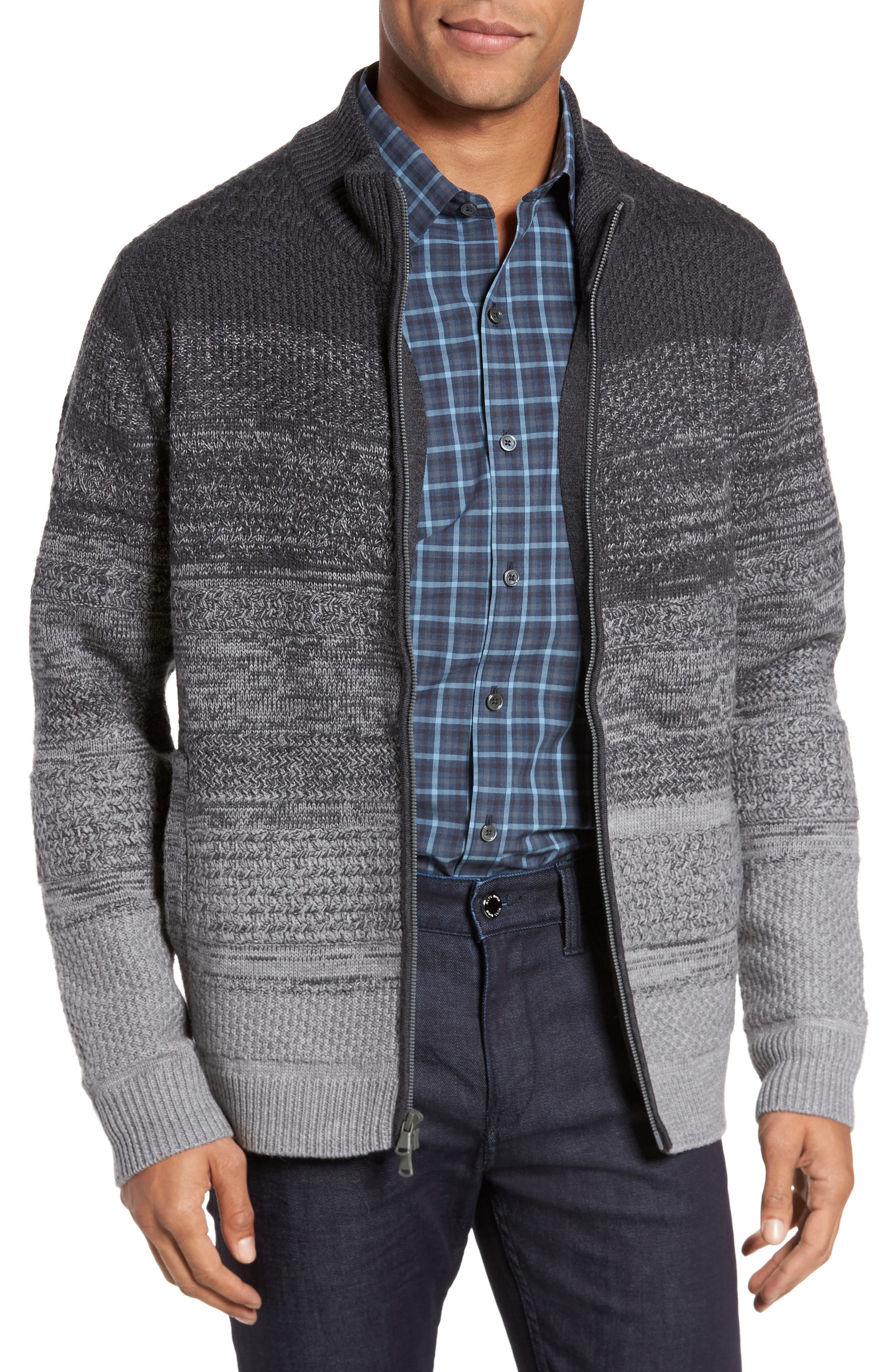 Zachary Prell Hawkins Degrade Merino Full Zip Cardigan, Grey