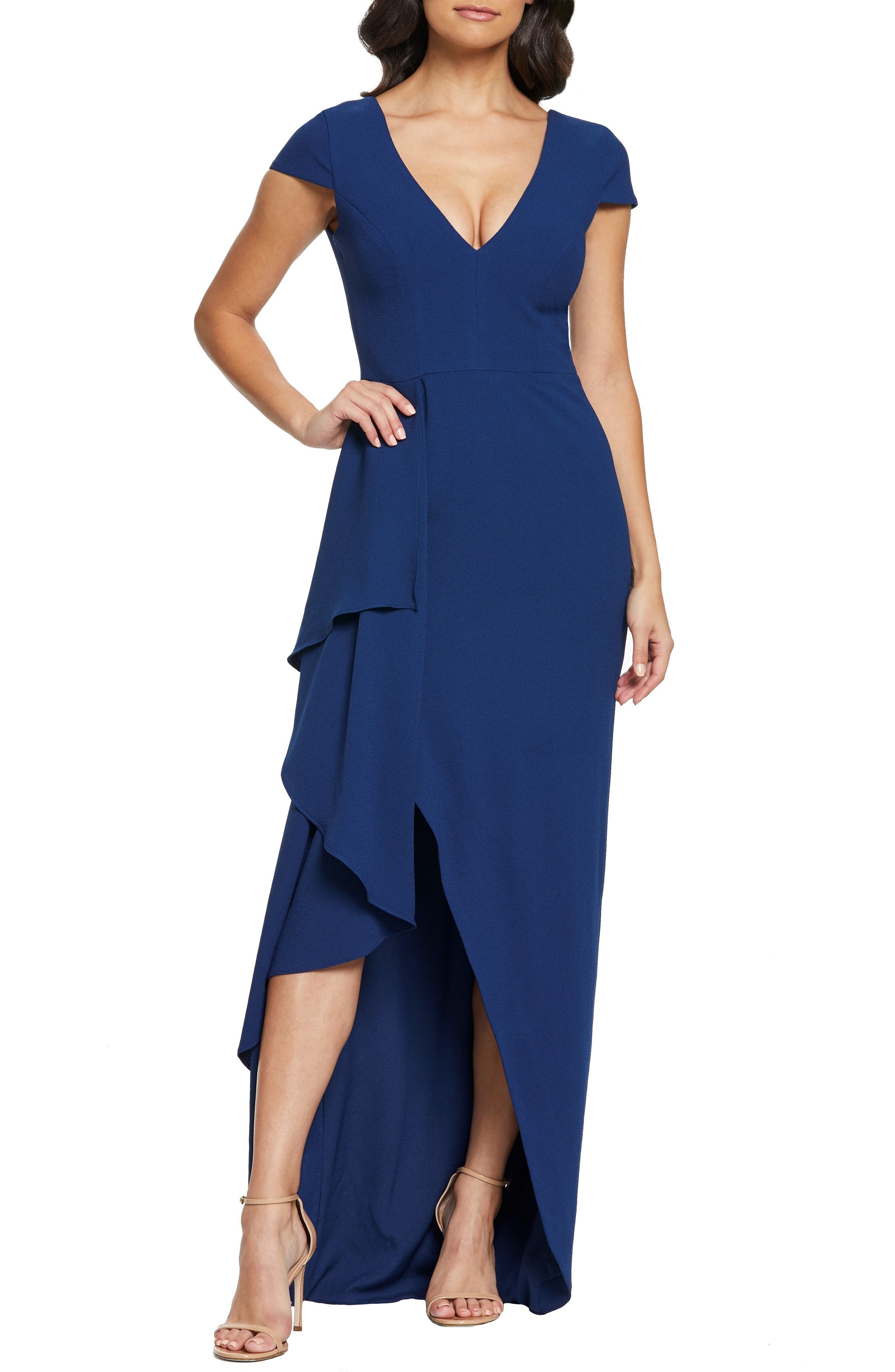 Dress The Population Alma Cap Sleeve Waterfall Crepe Gown, Blue
