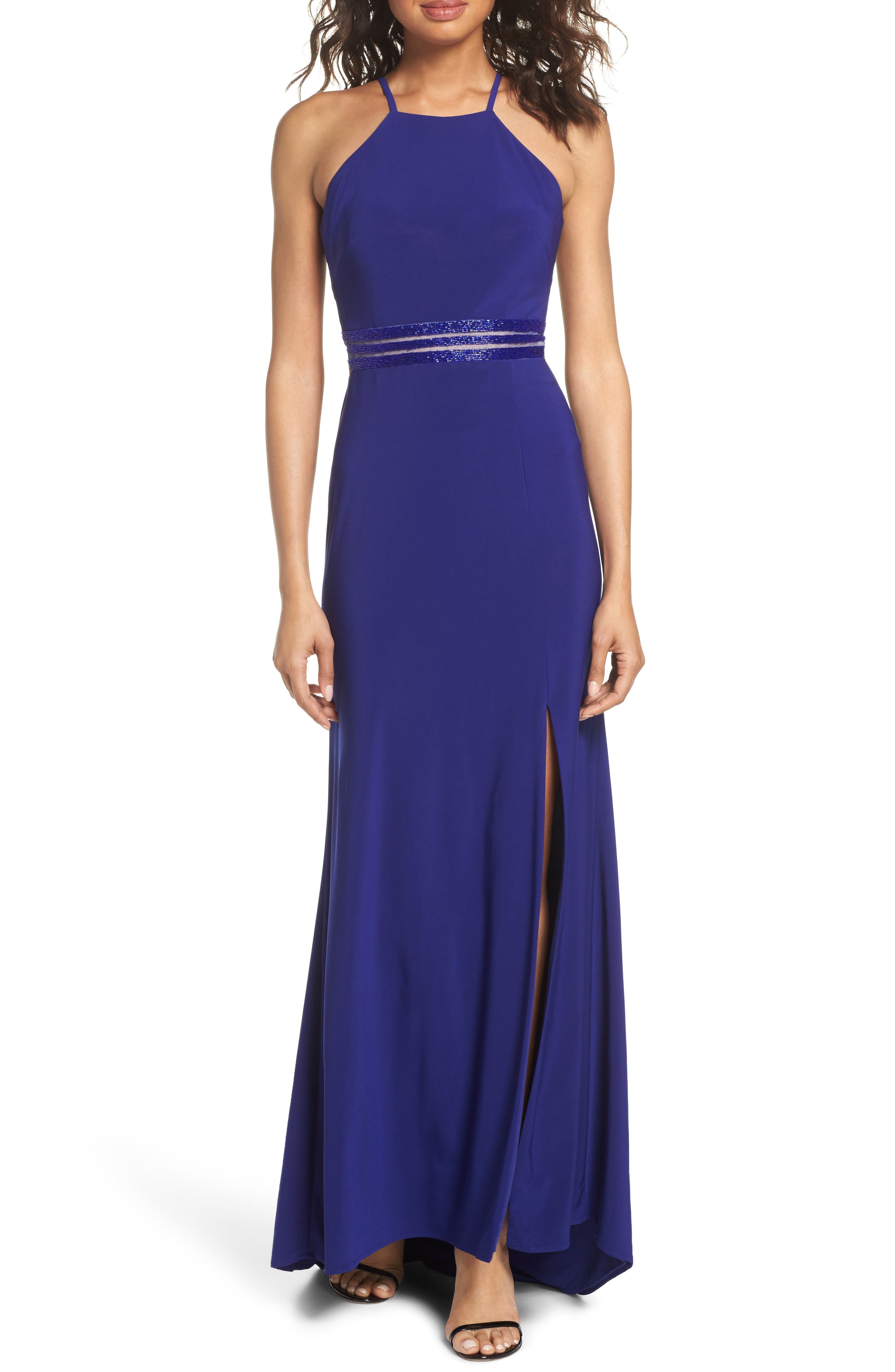 Morgan & Co. Beaded Mesh Halter Gown, /4 - Blue
