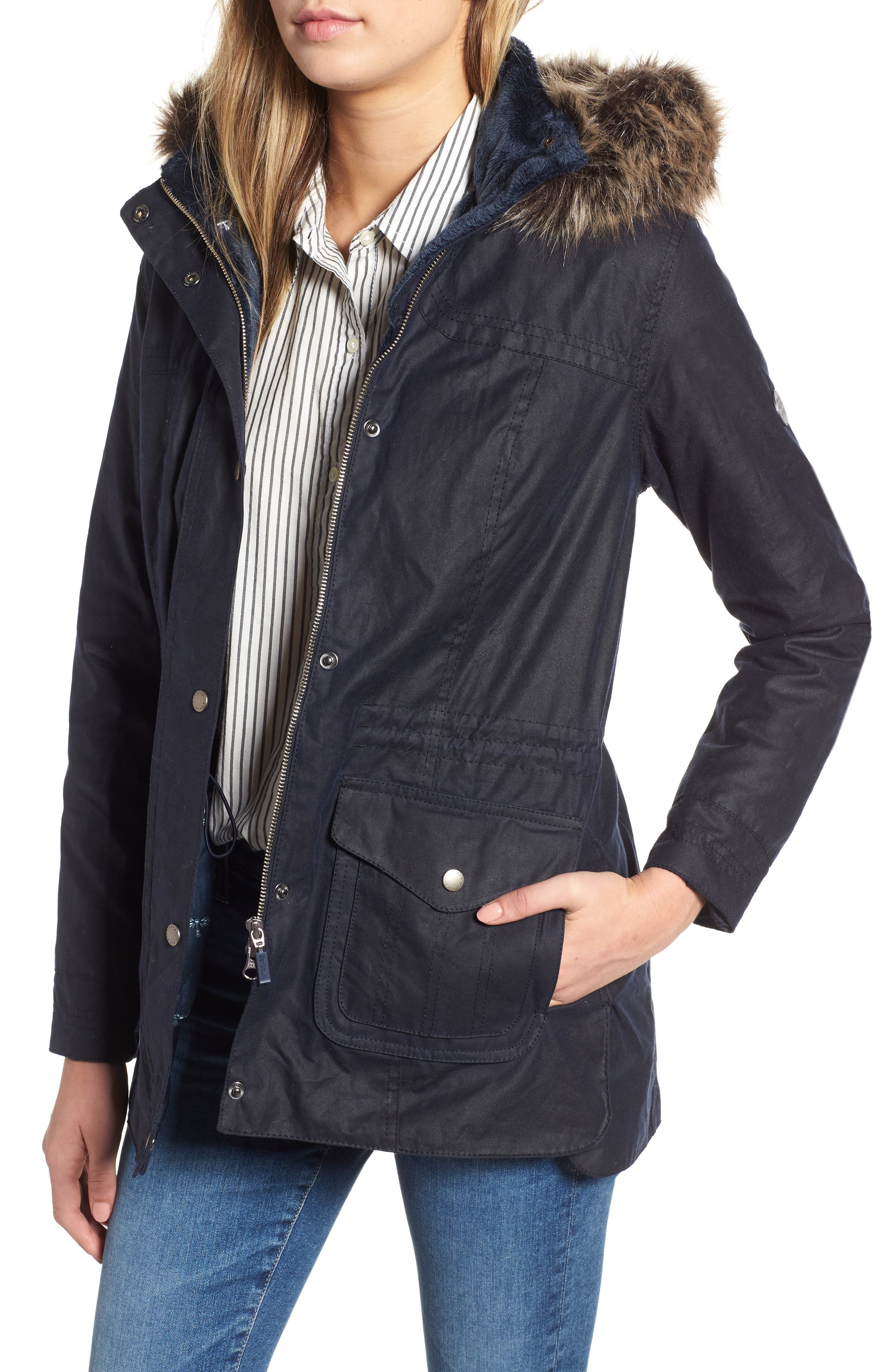 Barbour Southwold Jacket With Faux Fur Lining & Trim, US / 14 UK - Blue